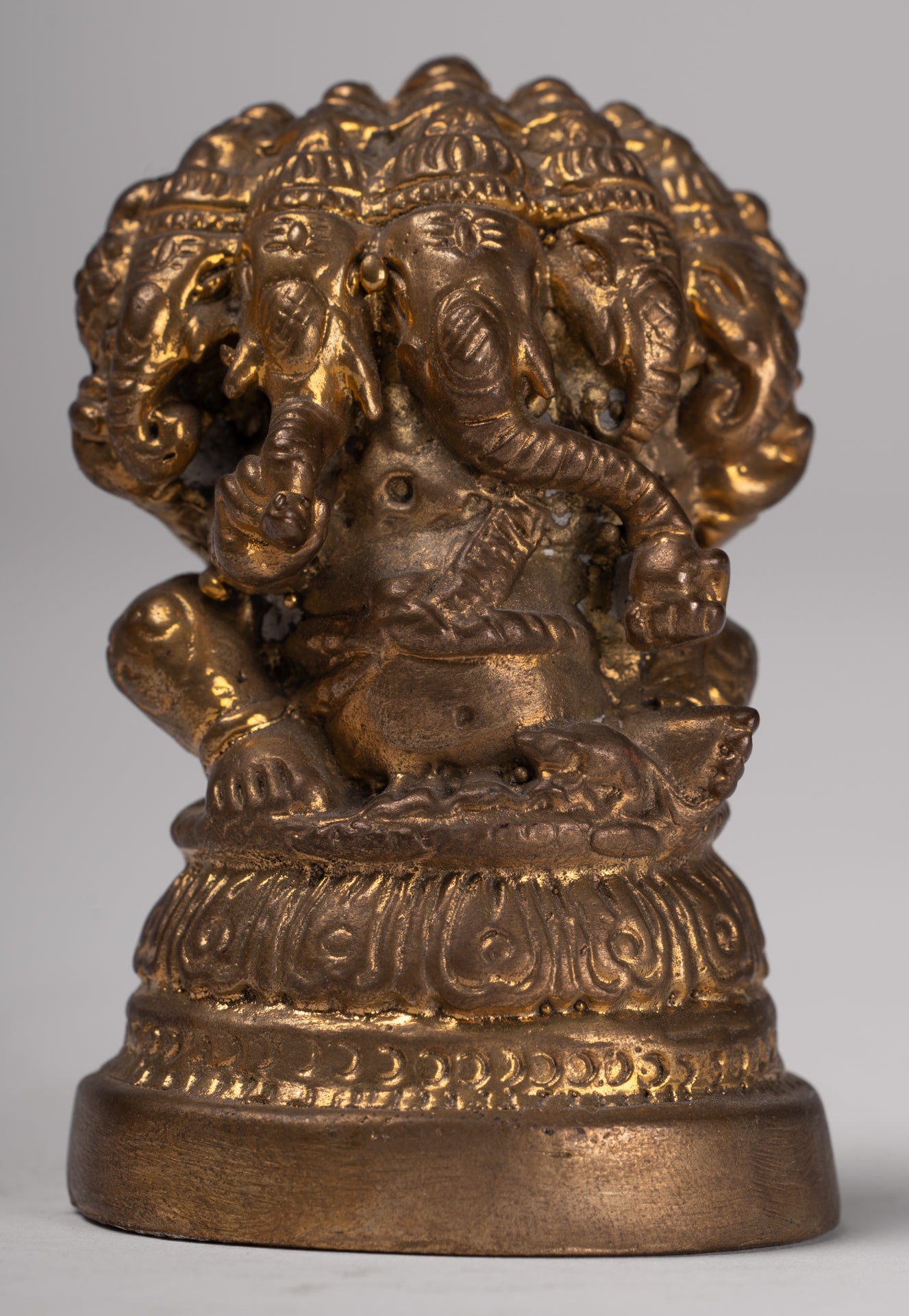 Ganesh - Antique Thai Style Brass Seated Gold Heramba Ganapati Statue - 8cm/3"