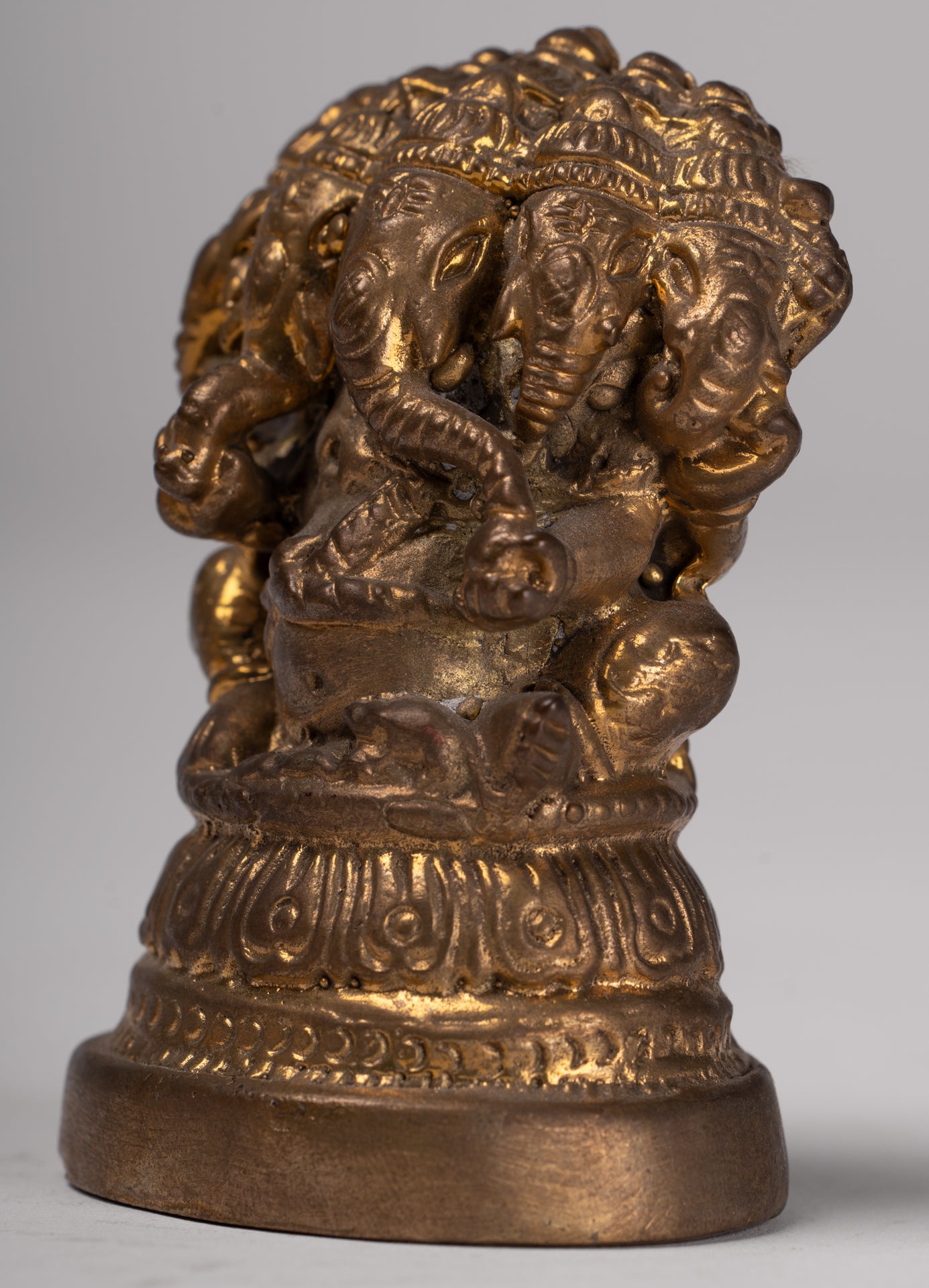 Ganesh - Antique Thai Style Brass Seated Gold Heramba Ganapati Statue - 8cm/3"