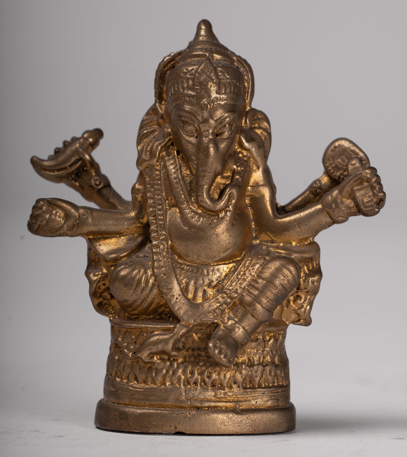 Ganesha Statue - Antique Thai Style Bronze Seated Gold Ganesha Statue - 8cm/3"