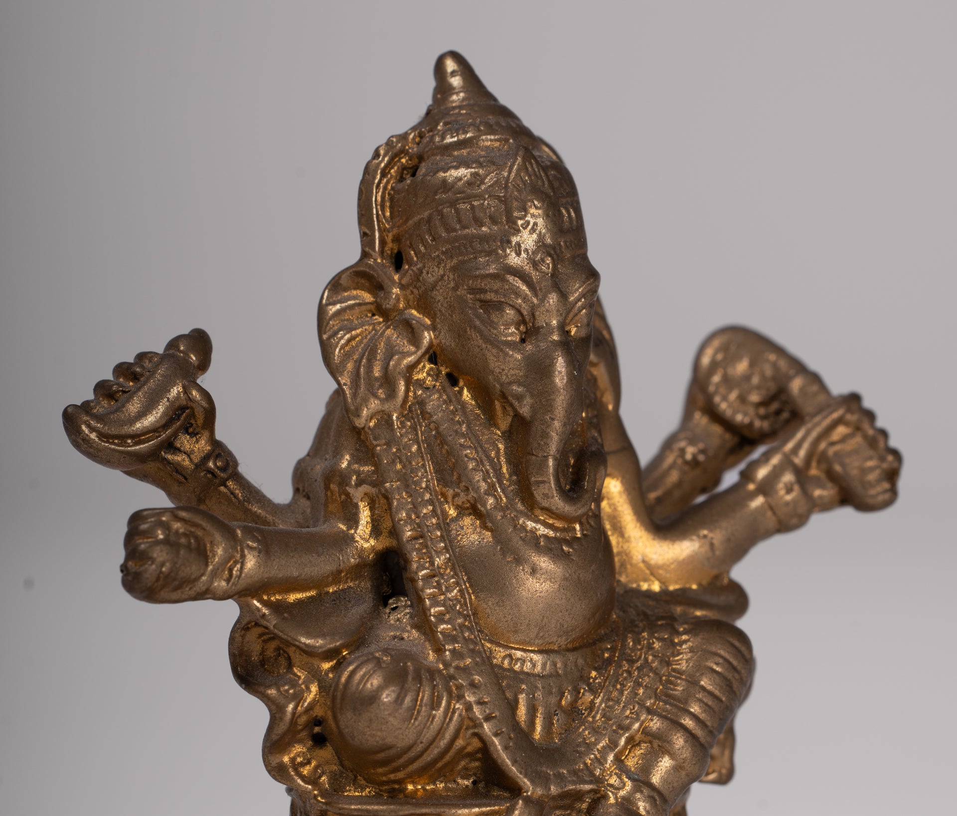 Ganesha Statue - Antique Thai Style Bronze Seated Gold Ganesha Statue - 8cm/3"
