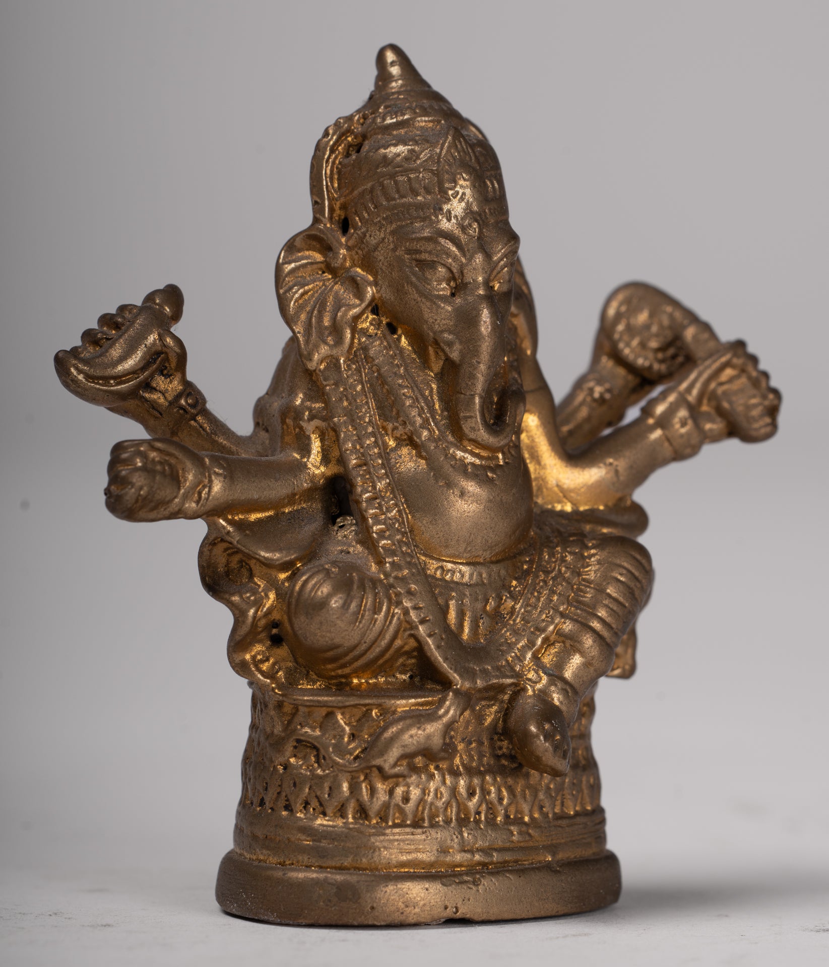 Ganesha Statue - Antique Thai Style Bronze Seated Gold Ganesha Statue - 8cm/3"
