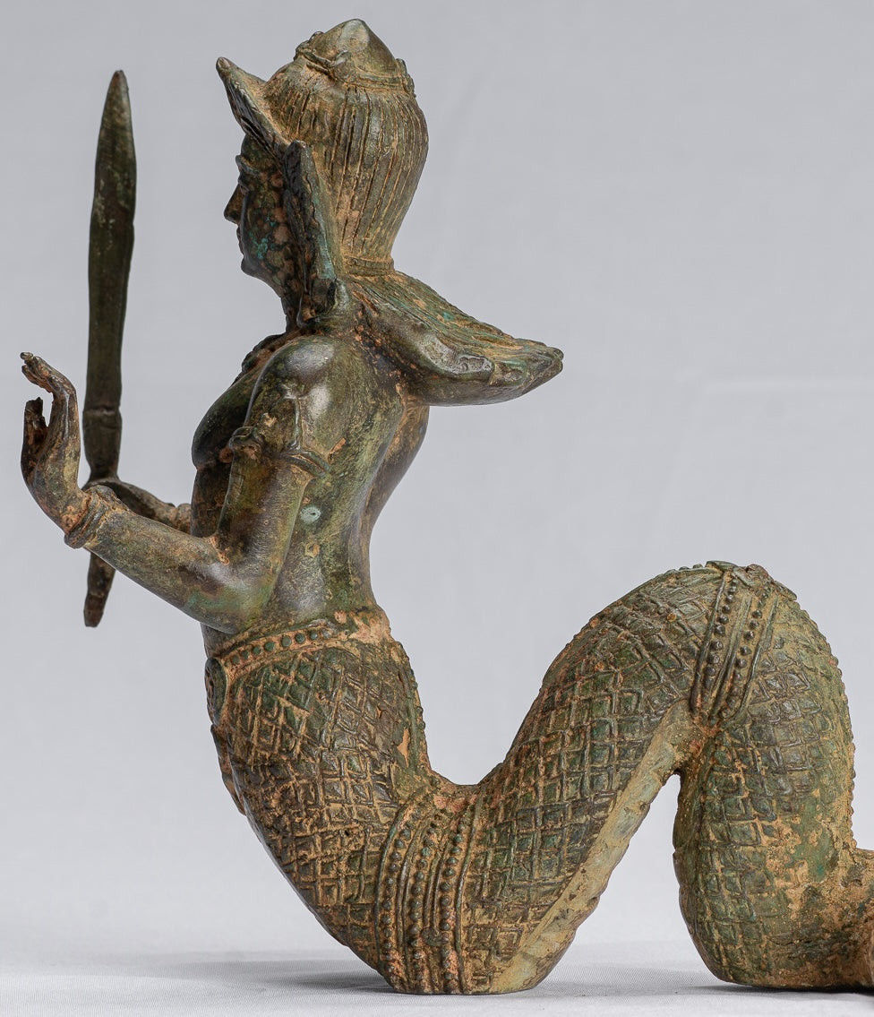 Antique Thai Style Bronze Female Deity with Naga Tail Statue - 22cm/9"