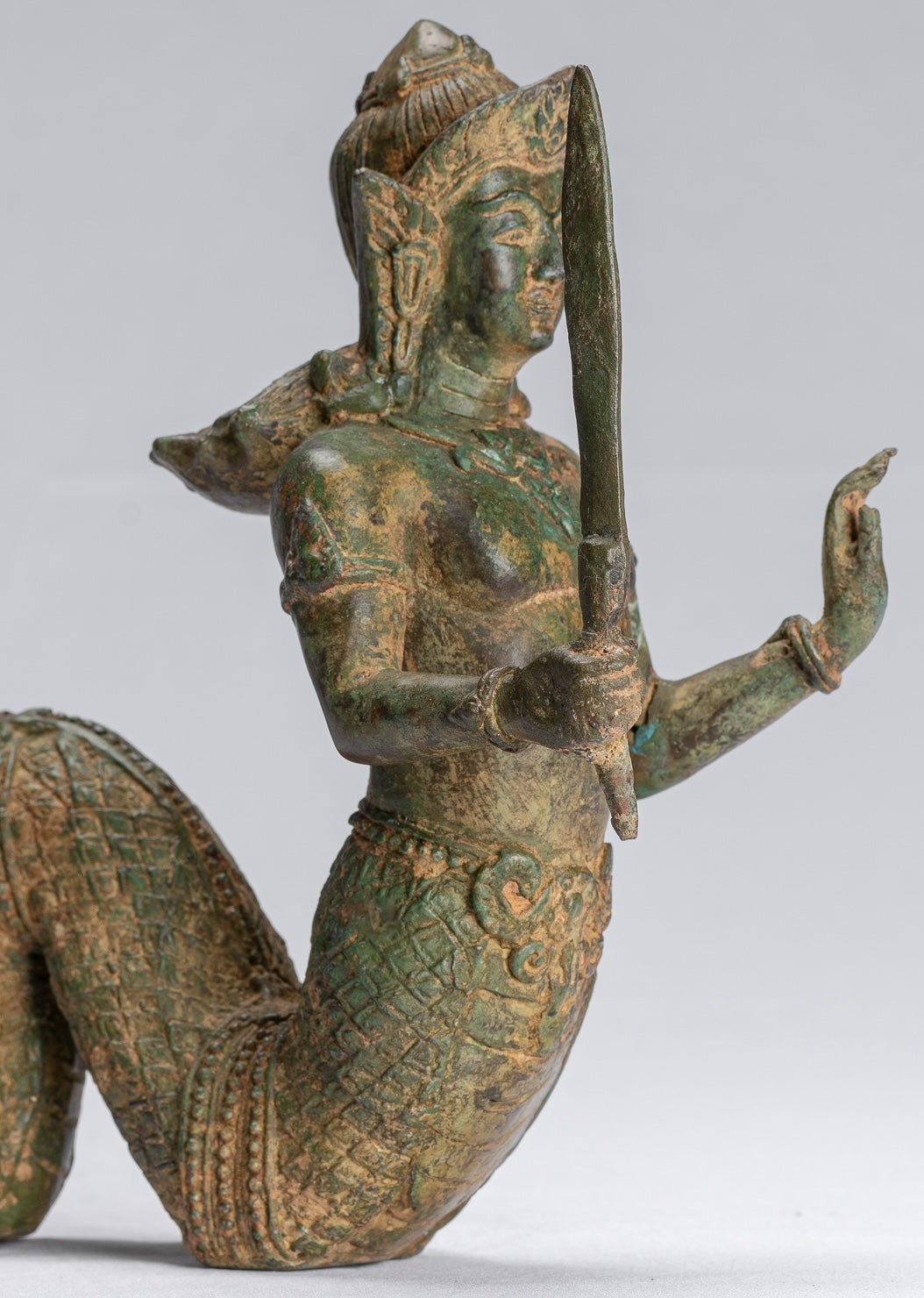 Antique Thai Style Bronze Female Deity with Naga Tail Statue - 22cm/9"