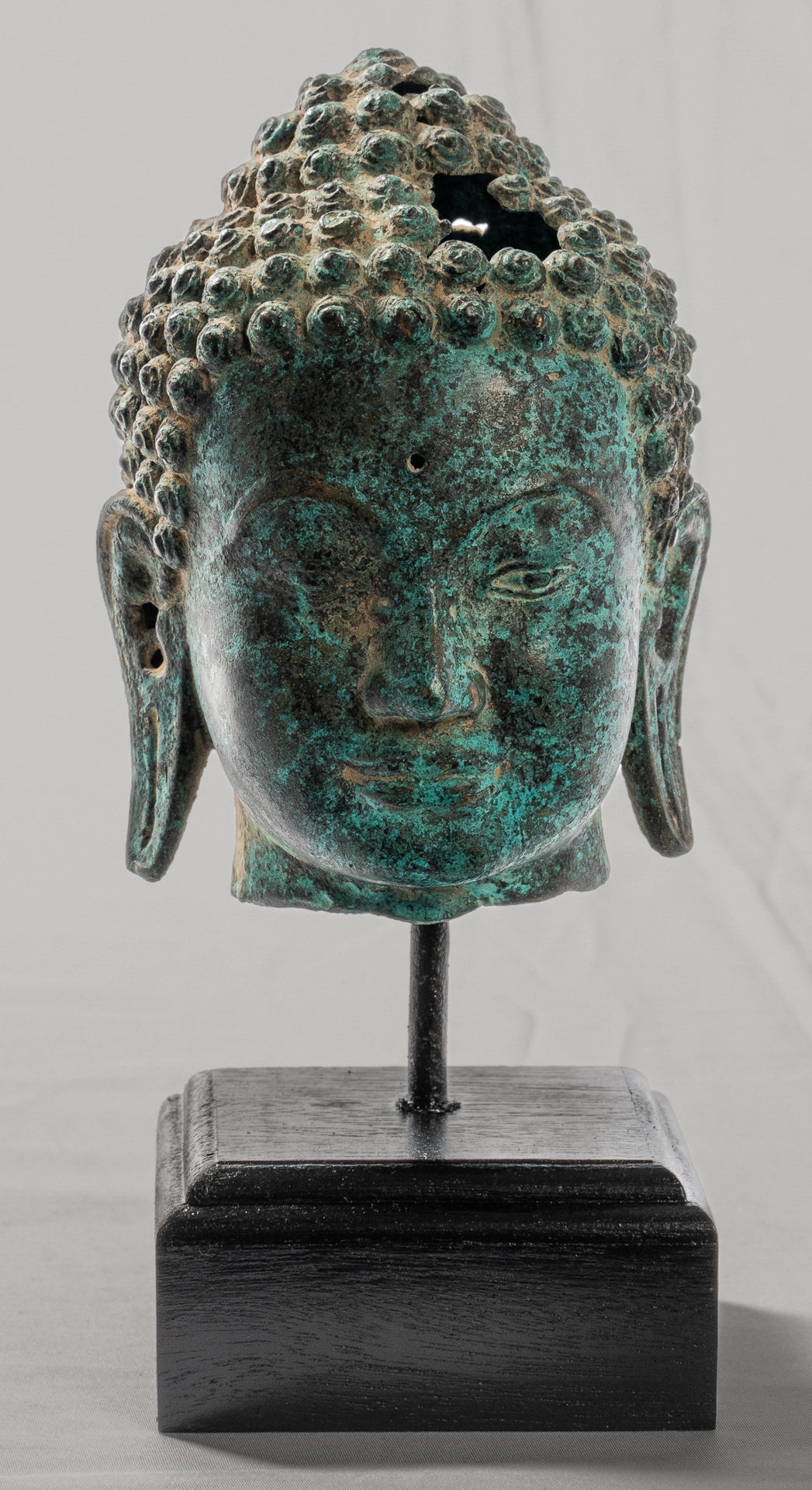 Buddha Statue - Antique Thai Style Mounted Dvaravati Bronze Buddha Head Statue - 20cm/8"