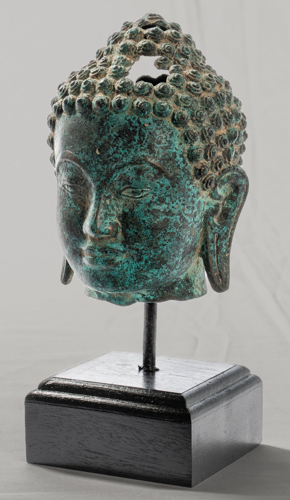 Buddha Statue - Antique Thai Style Mounted Dvaravati Bronze Buddha Head Statue - 20cm/8"