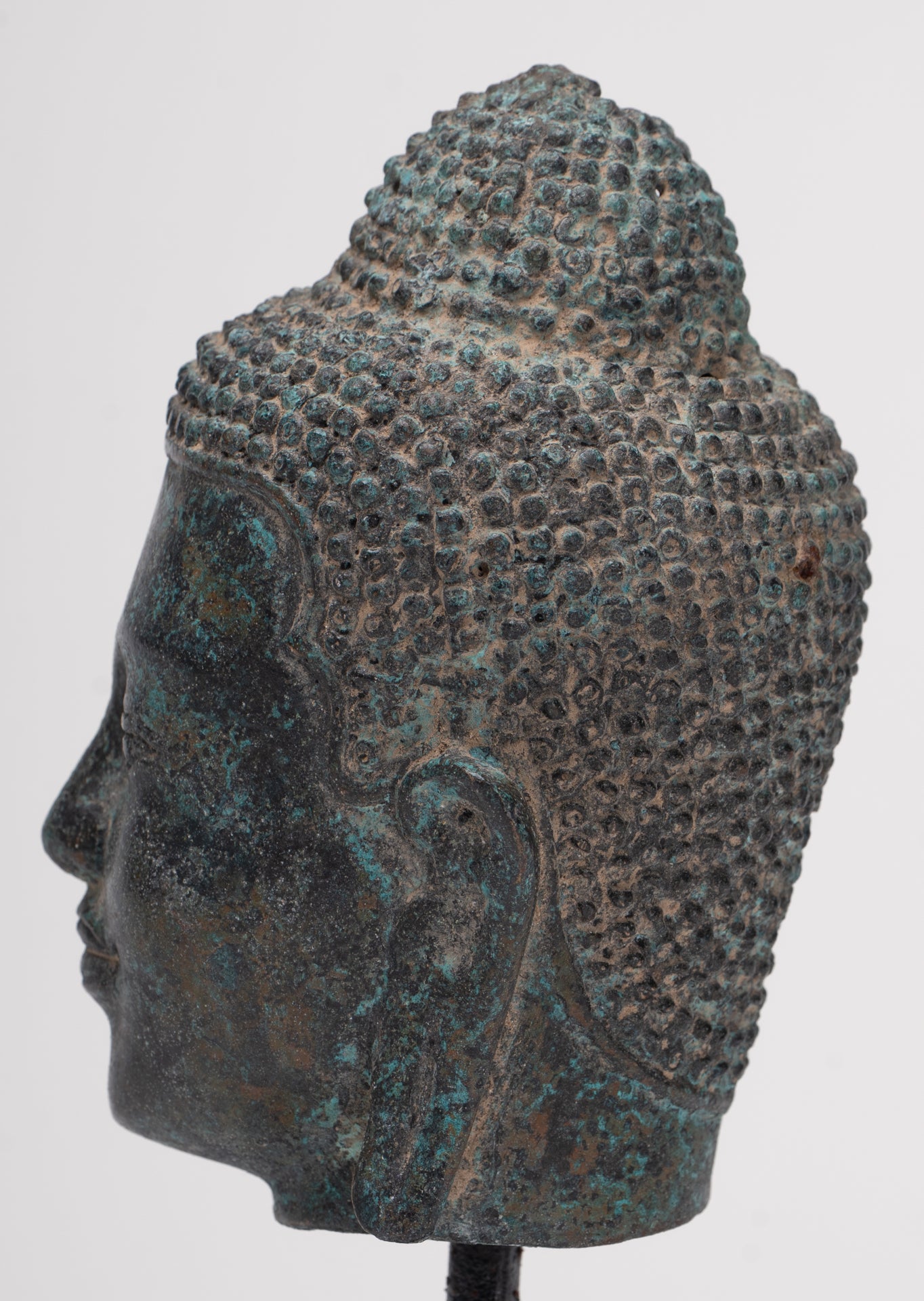 Antique Thai Style Mounted Dvaravati Bronze Buddha Head Statue - 19cm/7.5"