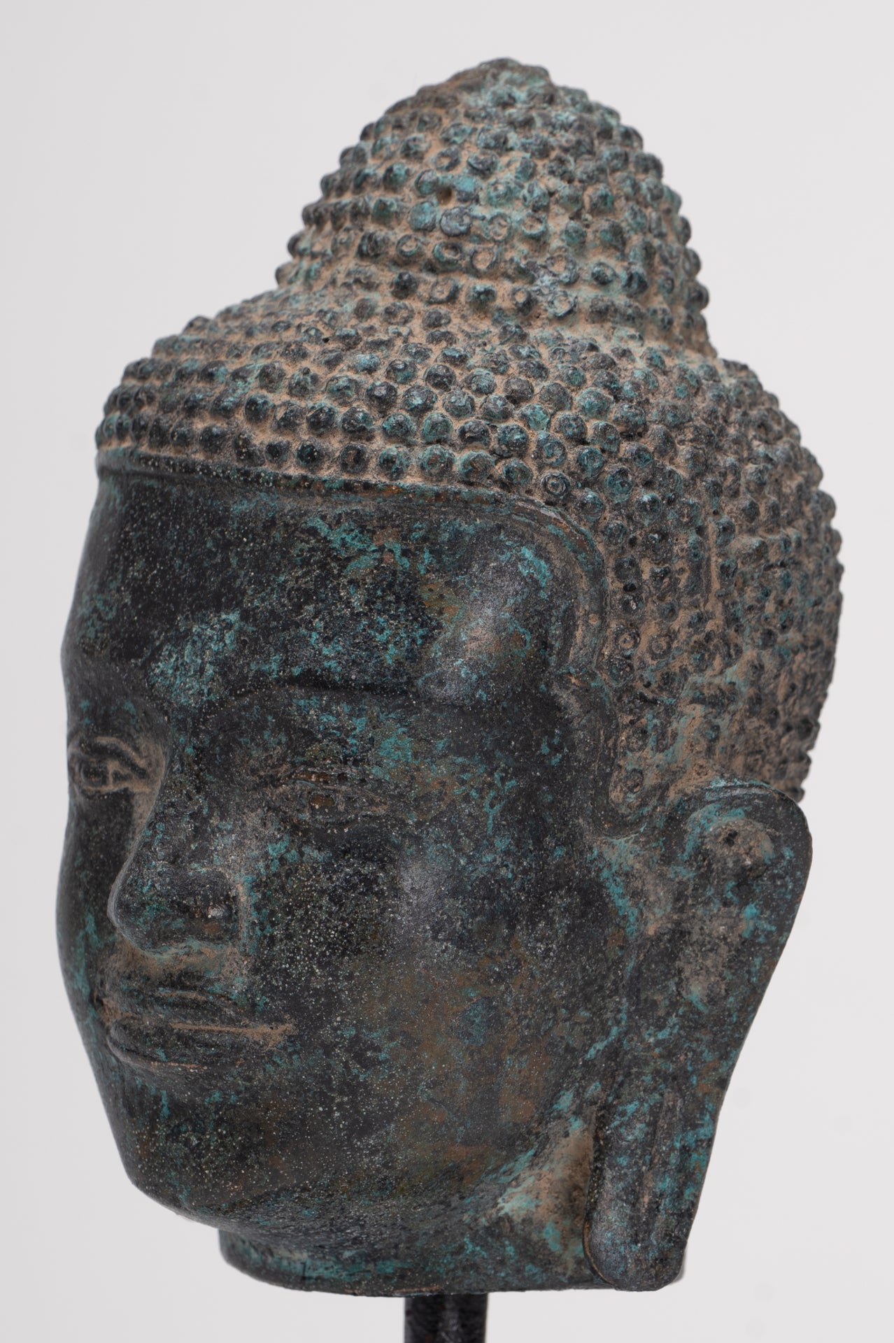 Antique Thai Style Mounted Dvaravati Bronze Buddha Head Statue - 19cm/7.5"
