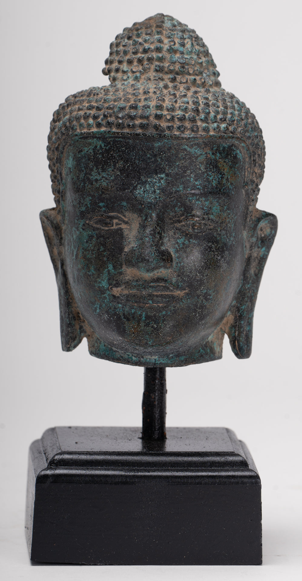 Antique Thai Style Mounted Dvaravati Bronze Buddha Head Statue - 19cm/7.5"