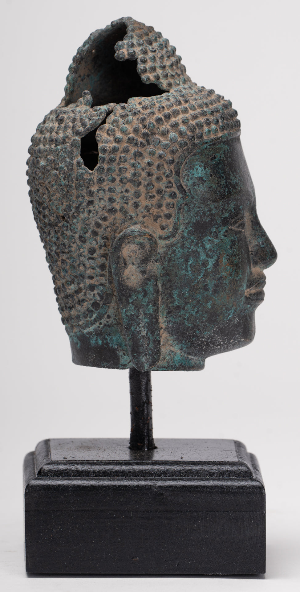 Antique Thai Style Mounted Dvaravati Bronze Buddha Head Statue - 19cm/7.5"