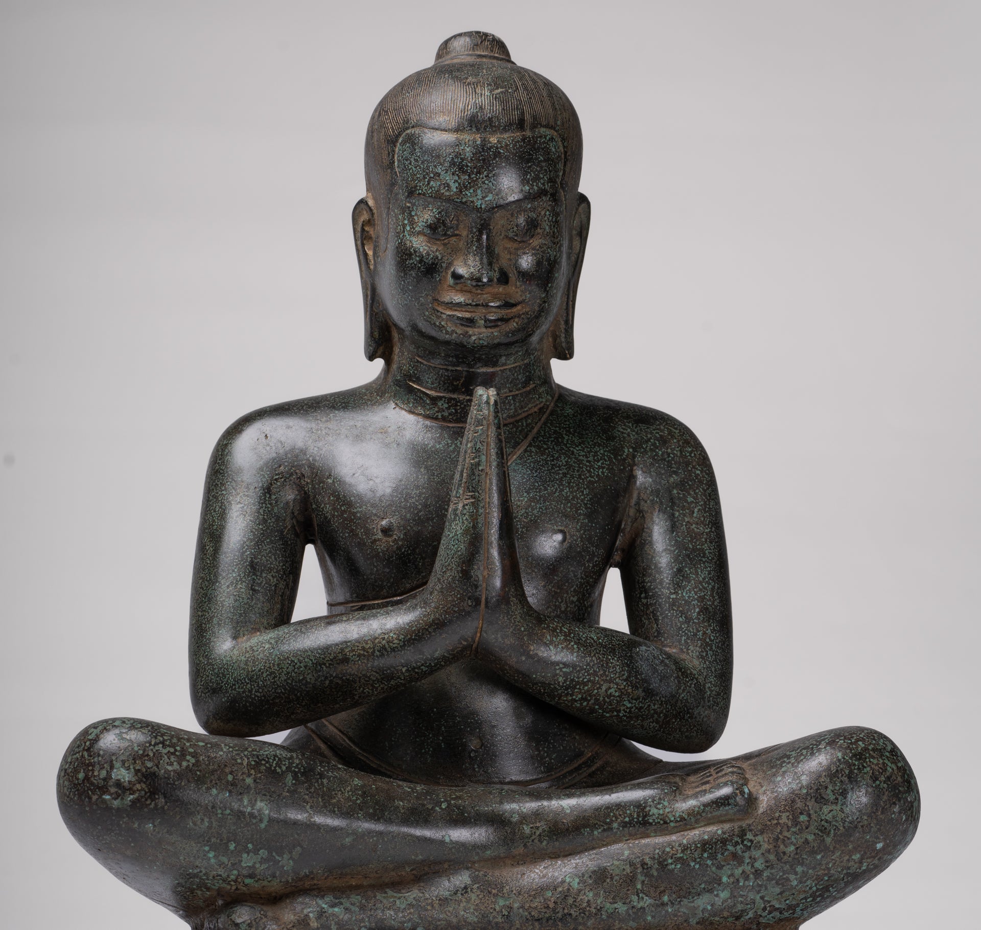 Antique Khmer Style Bronze Meditation Seated Jayavarman VII Statue - 38cm/15"