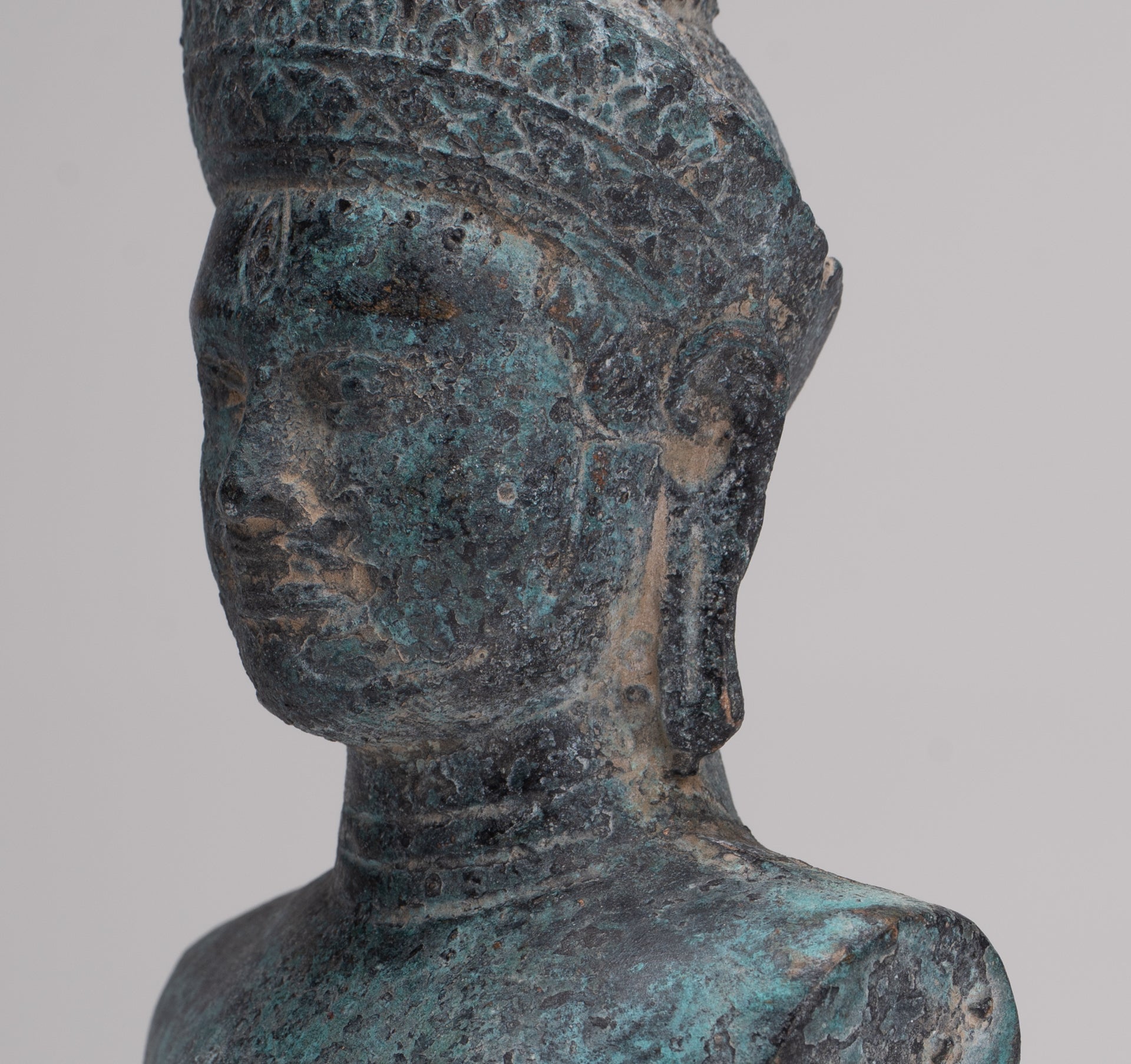 Antique Khmer Style Bronze Mounted Bakheng Shiva Head Statue - 24cm/10"