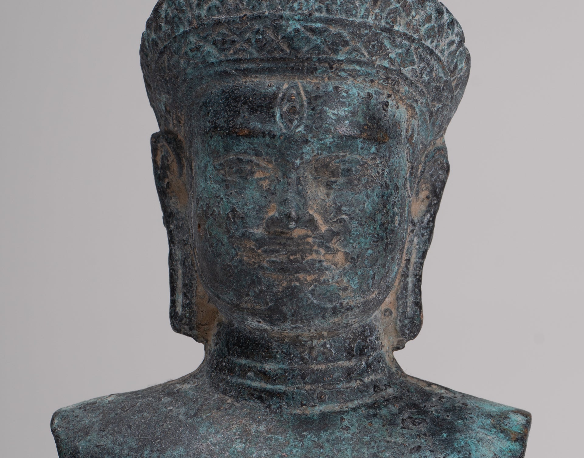 Antique Khmer Style Bronze Mounted Bakheng Shiva Head Statue - 24cm/10"