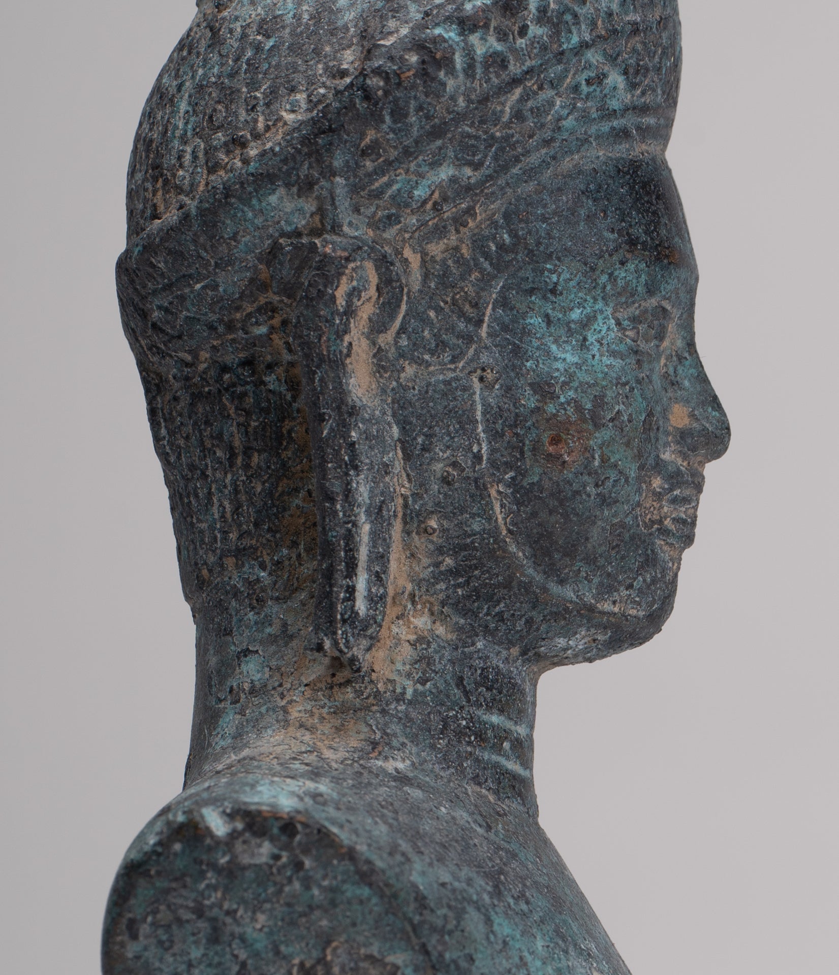 Antique Khmer Style Bronze Mounted Bakheng Shiva Head Statue - 24cm/10"