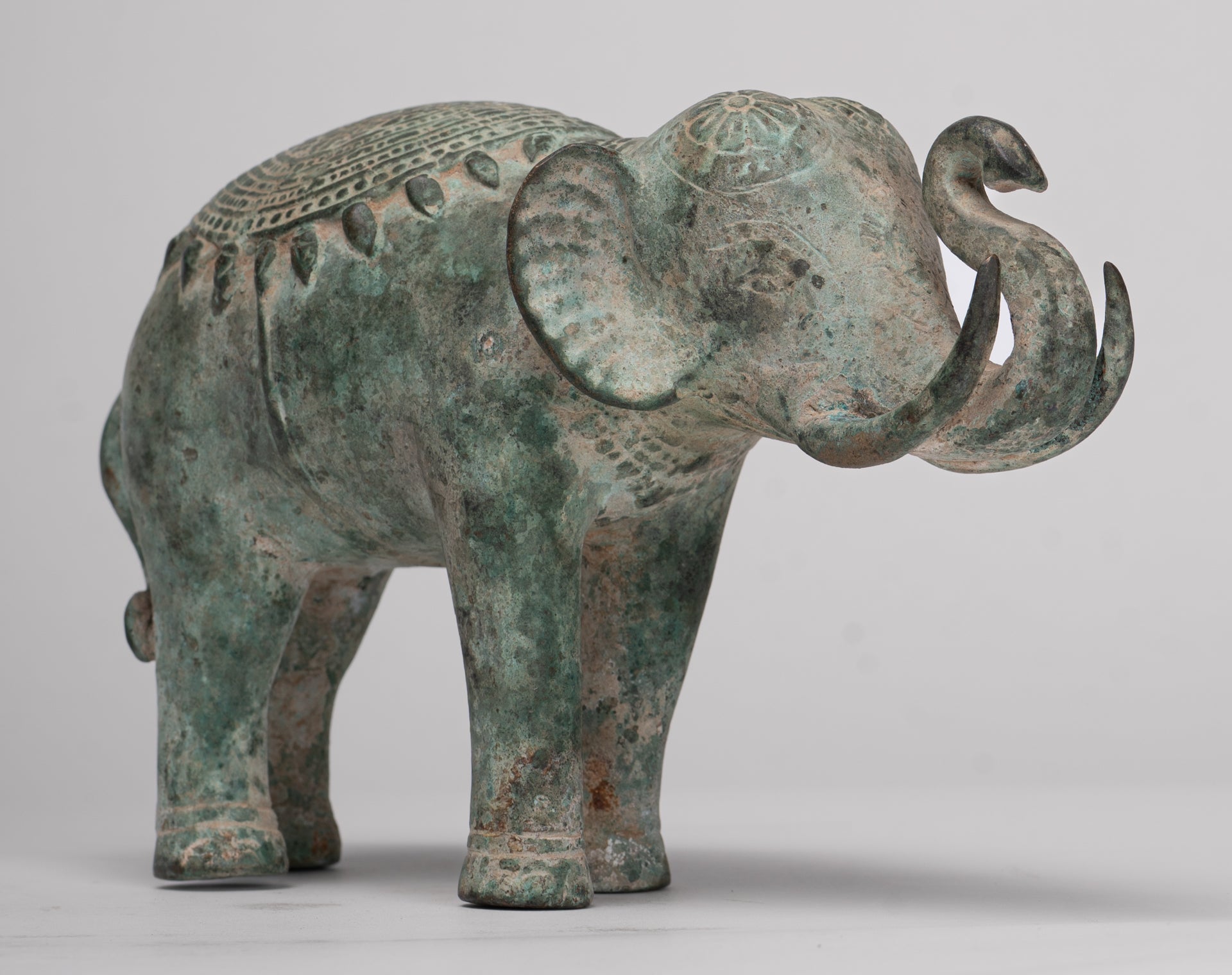 Antique Khmer Style Bronze Trumpeting Elephant Statue - 12cm/5" Tall