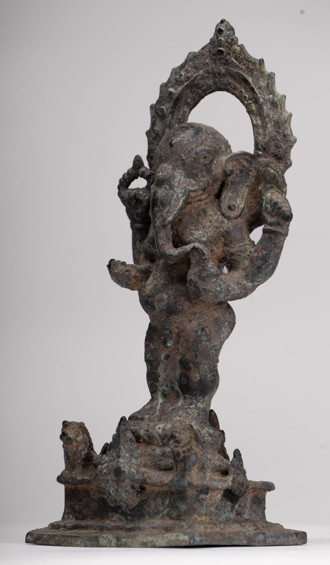 Ganesha Statue - Antique Vietnamese Style Bronze Standing Cham Four-Arm Ganesha Statue - 25cm/10"