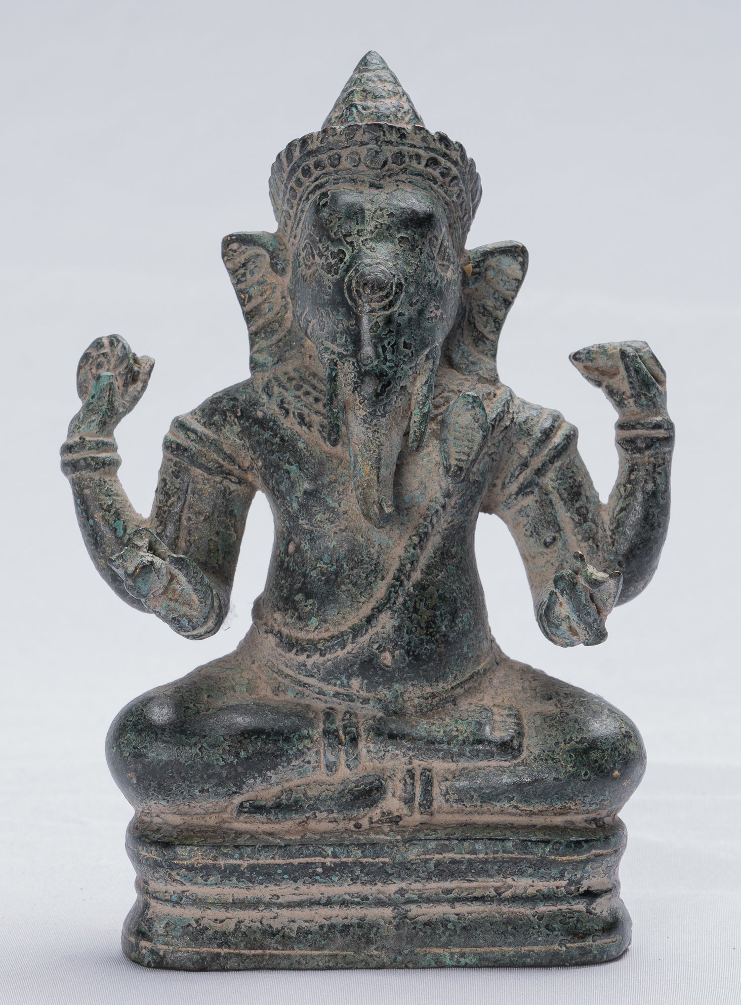 Ganesha Statue - Antique Khmer Style Seated Bronze Bayon Ganesh Statue - 18cm/7"