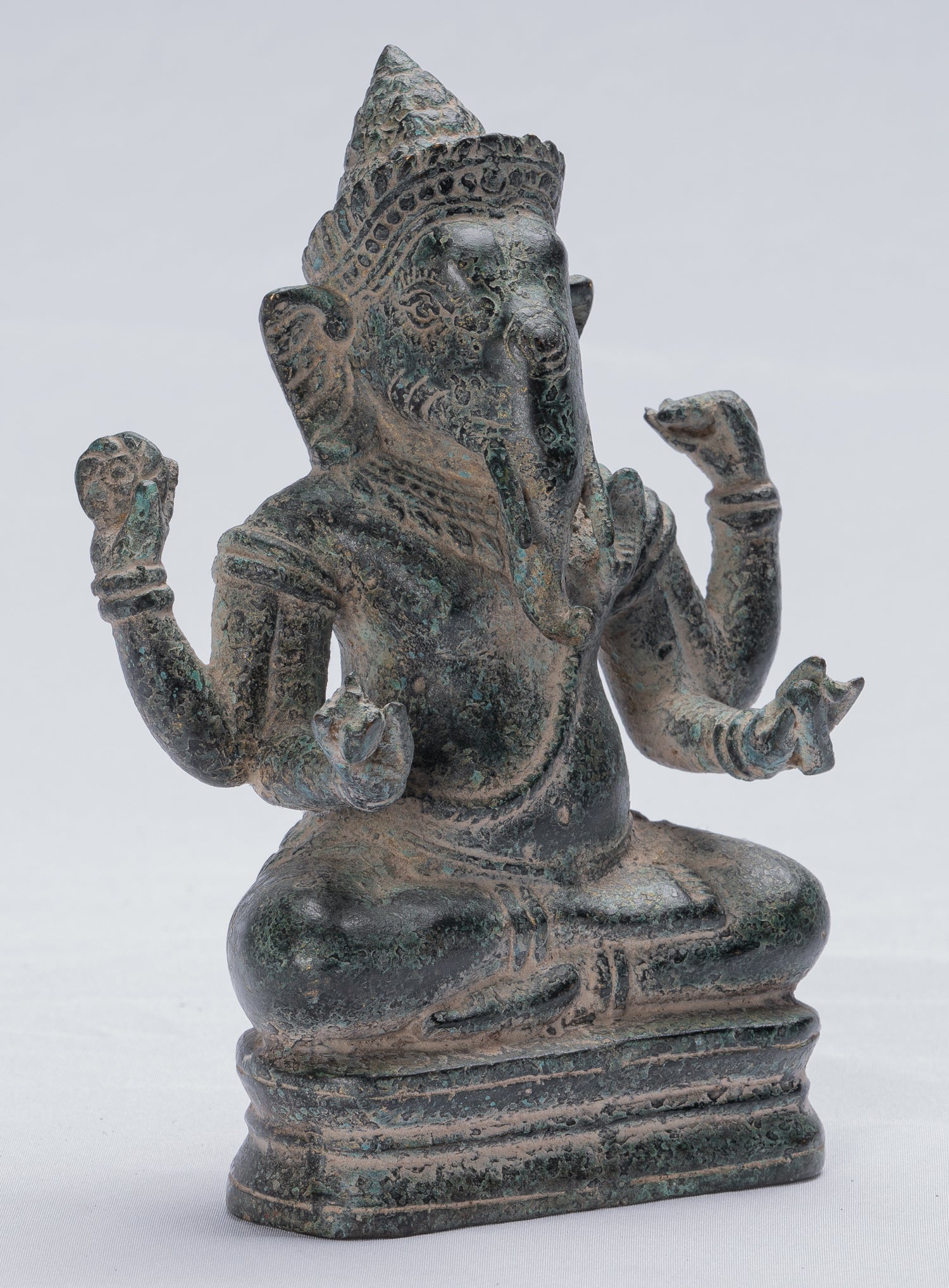 Ganesha Statue - Antique Khmer Style Seated Bronze Bayon Ganesh Statue - 18cm/7"