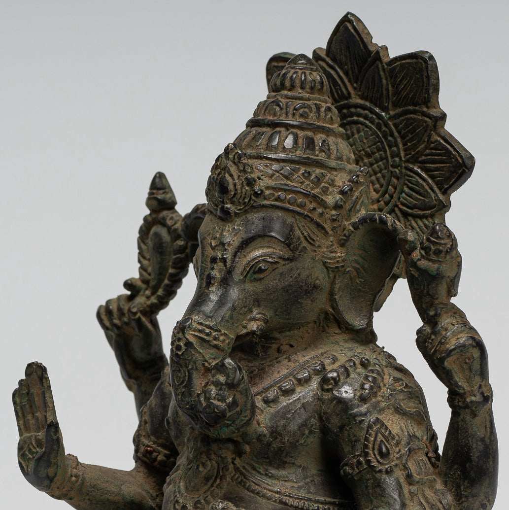 Ganesha Statue - Antique Javanese Style Bronze Seated Indonesian Ganesha Statue - 20cm/8"