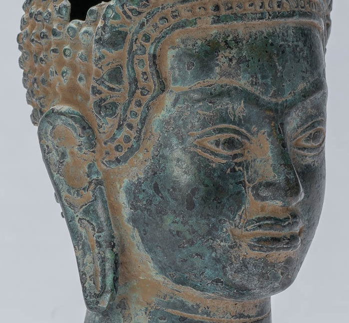 Buddha Statue - Antique Khmer Style Mounted Bronze Baphuon Buddha Head Statue - 25.5cm/10"