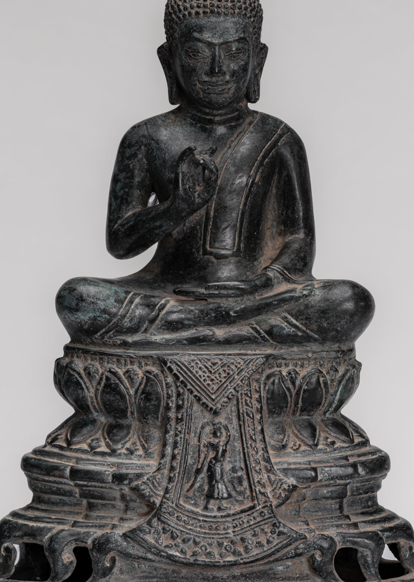Buddha Statue - Buddha - Antique Khmer Style Enthroned Bronze Buddha Statue Teaching Mudra - 31cm/12"