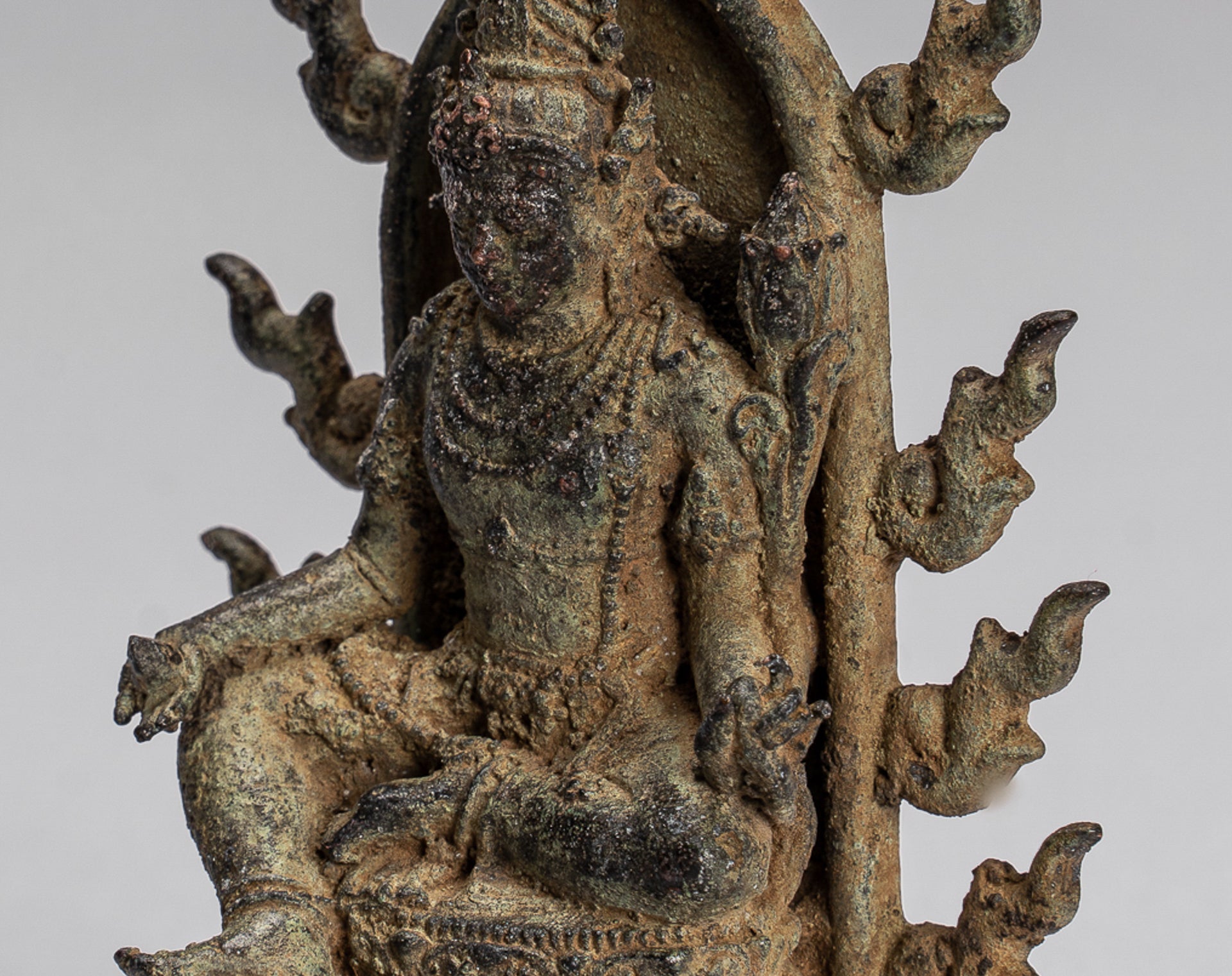 Tara Statue - Antique Java Style Majapahit Seated Bronze Devi Tara Statue - 13cm/5"
