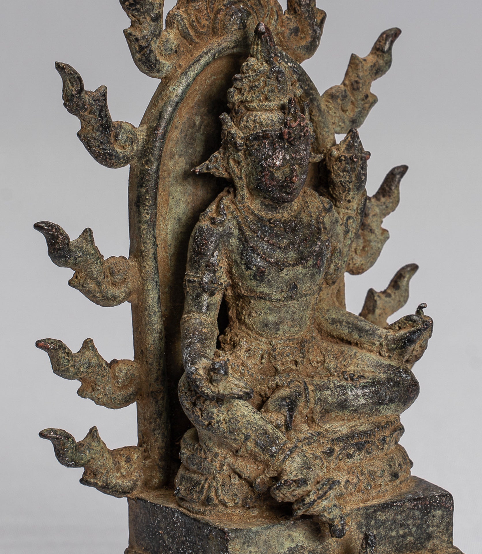 Tara Statue - Antique Java Style Majapahit Seated Bronze Devi Tara Statue - 13cm/5"