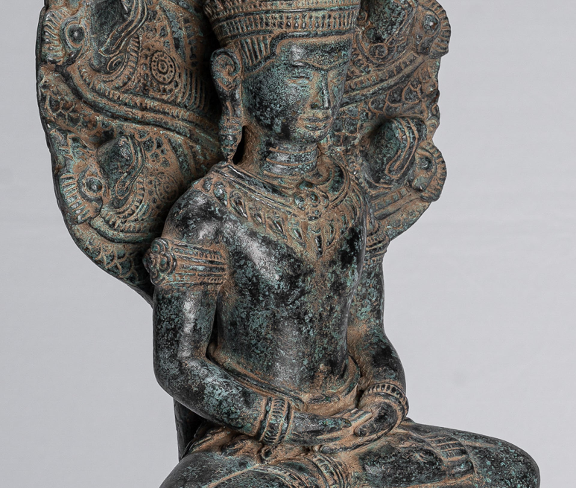 Buddha Statue - Antique Khmer Style Bronze Seated Meditation Naga Buddha Statue - 46cm/18"