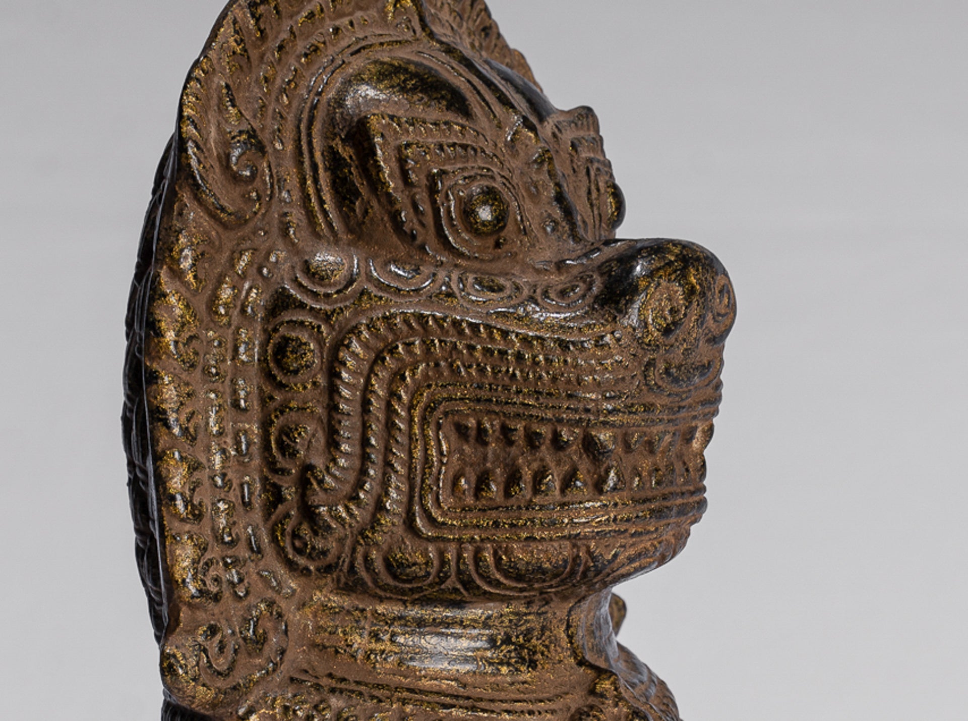 Temple Lion - Antique Khmer Style Bronze Mounted Temple Guardian or Lion - 28cm/11"