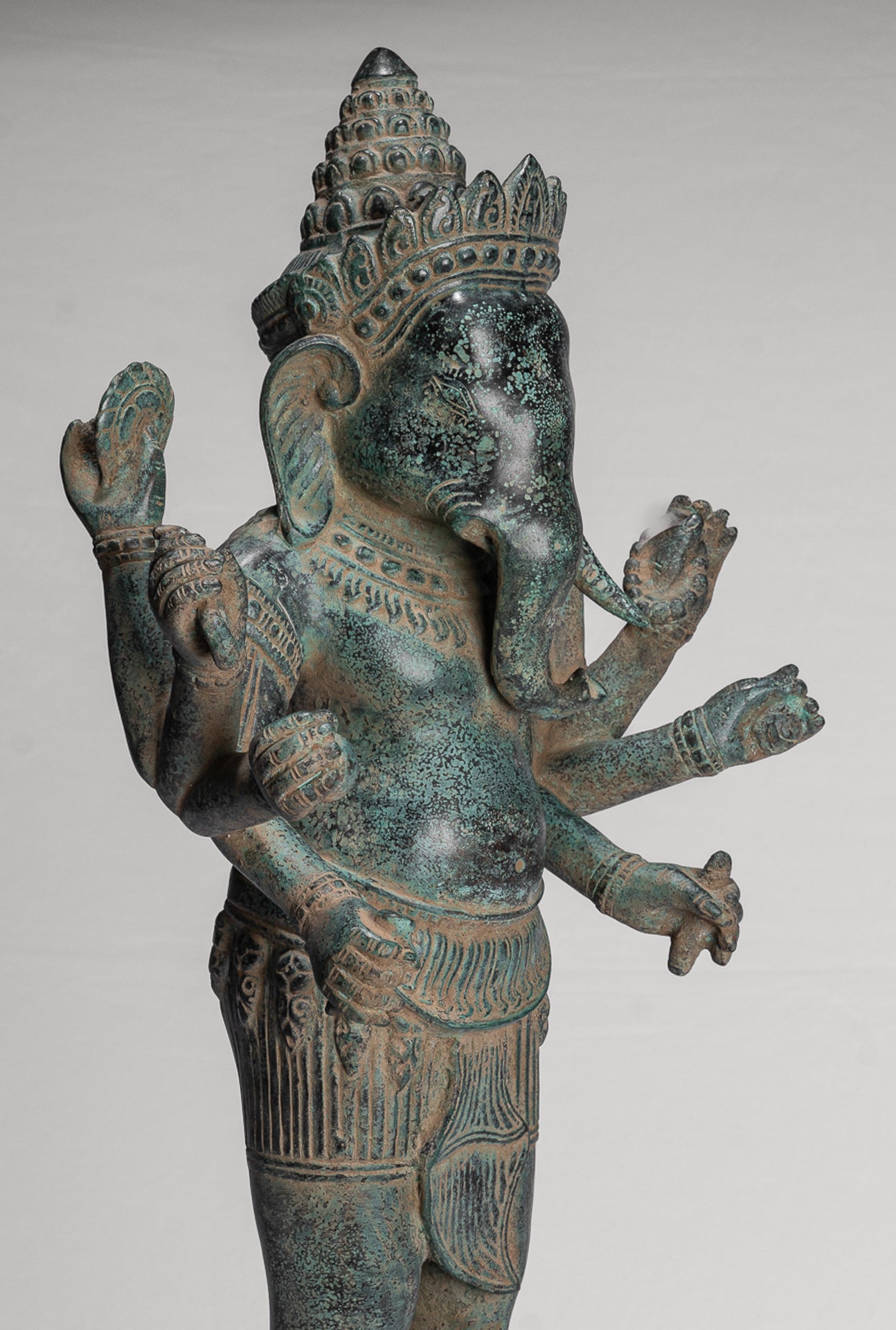 Antique Khmer Style Mounted Standing Bronze Angkor Wat Ganesha Statue - 55cm/22"