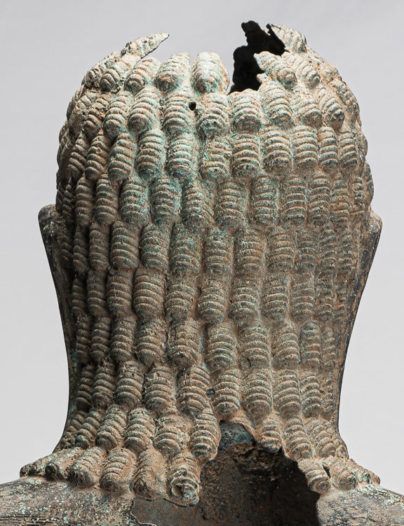 Buddha Statue - Antique Khmer Style Mounted Bronze Phnom Da Buddha Head Statue - 54cm/22")