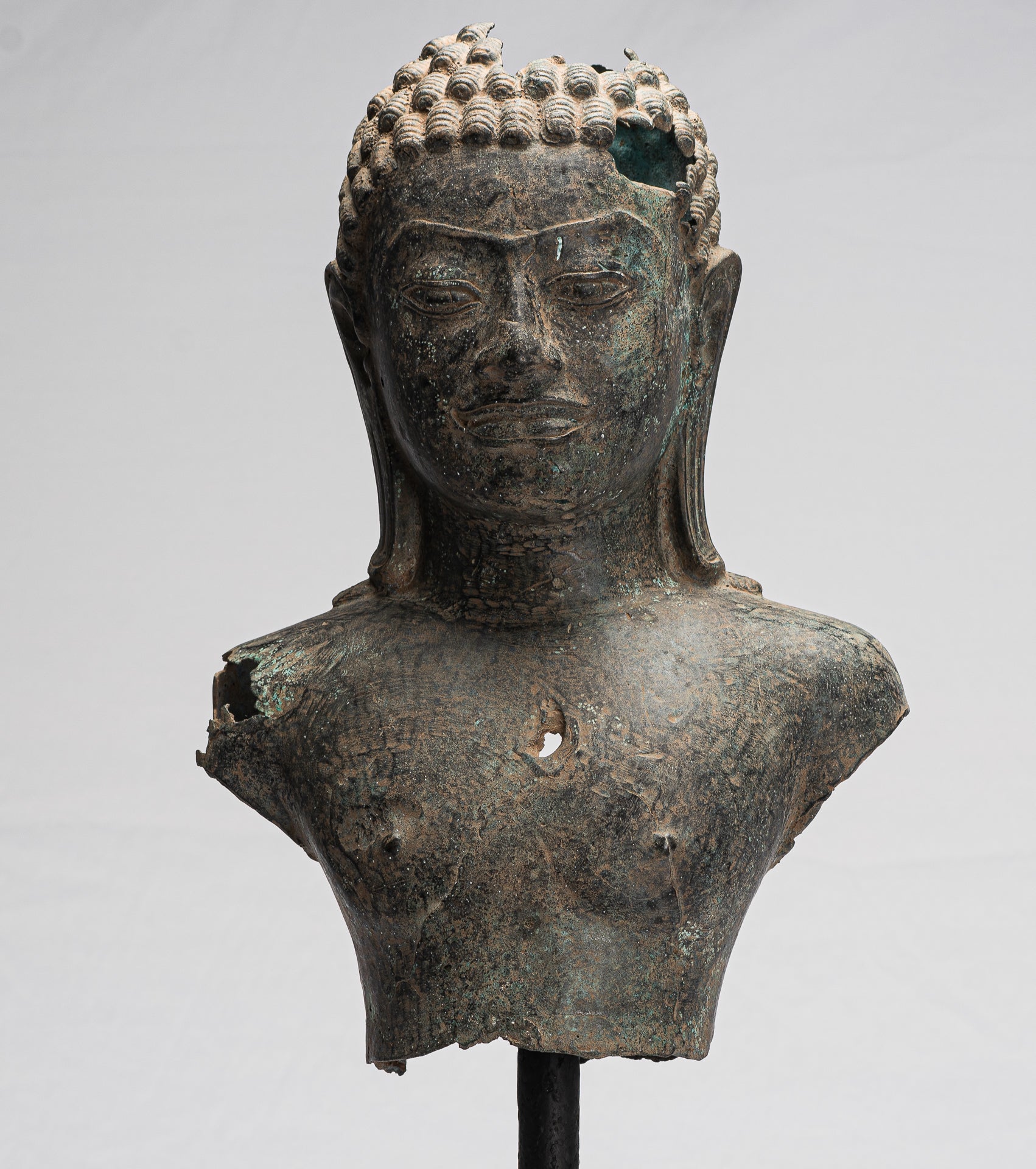 Buddha Statue - Antique Khmer Style Mounted Bronze Phnom Da Buddha Head Statue - 54cm/22")
