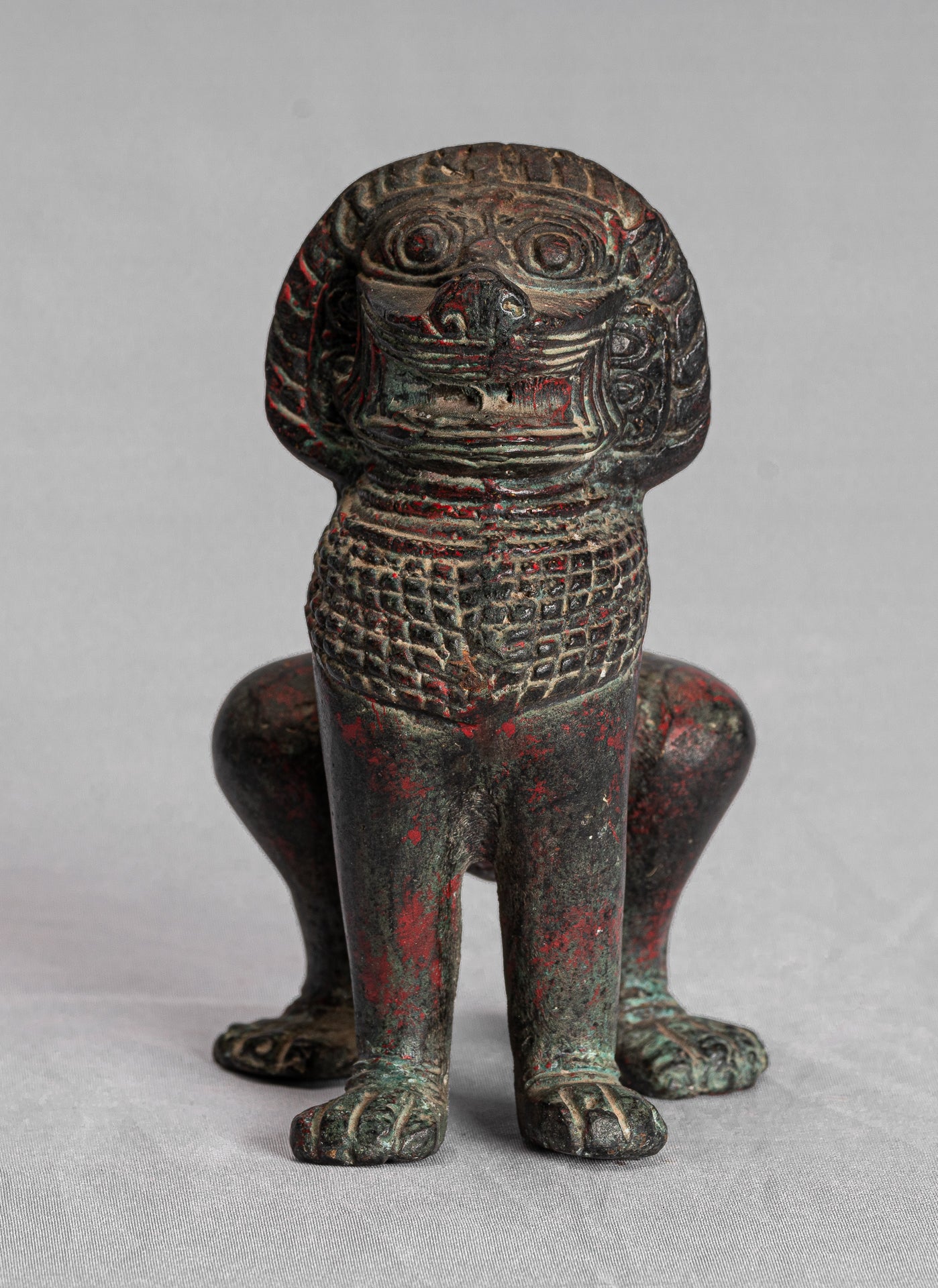 Temple Lion - Antique Khmer Style Bronze Standing Temple Guardian or Lion - 12cm/5"