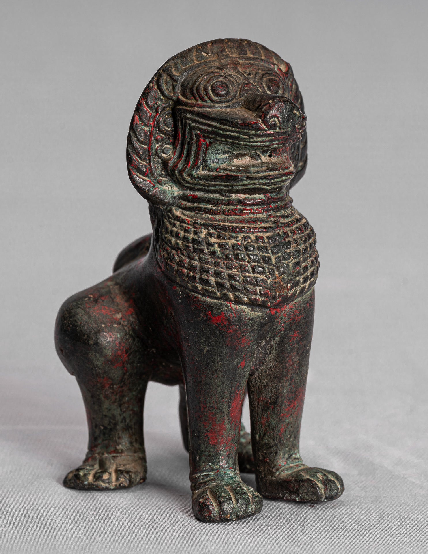 Temple Lion - Antique Khmer Style Bronze Standing Temple Guardian or Lion - 12cm/5"