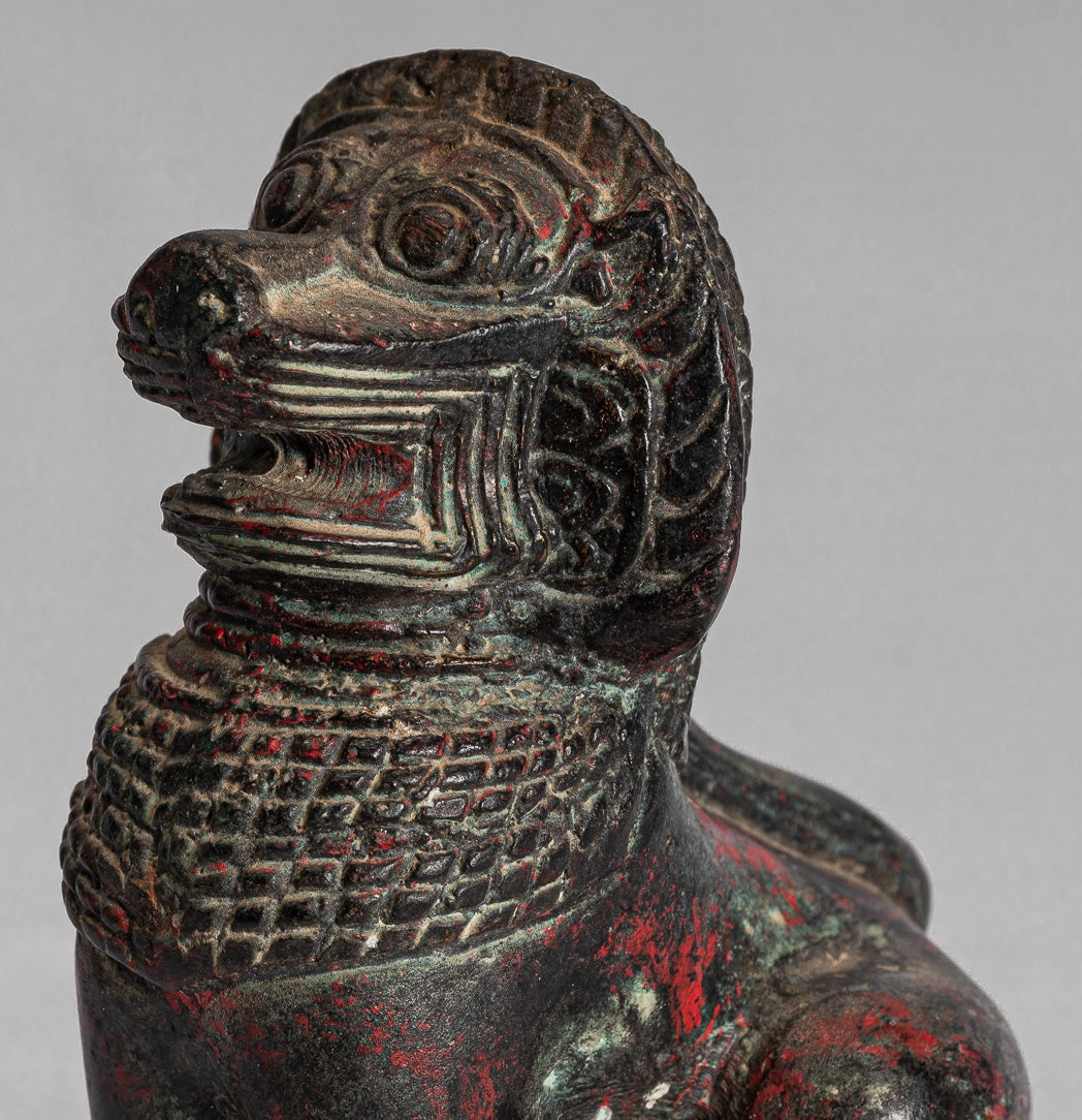 Temple Lion - Antique Khmer Style Bronze Standing Temple Guardian or Lion - 12cm/5"