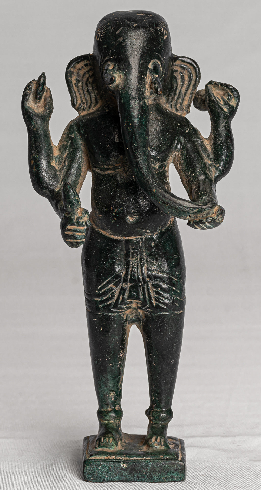 Ganesha Statue - Antique Vietnamese Style Bronze Standing Cham Four-Arm Ganesha Statue - 20cm/8"