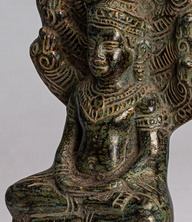 Buddha Statue - Antique Bayon Style Khmer Seated Bronze Naga Meditation Buddha - 21cm/8"