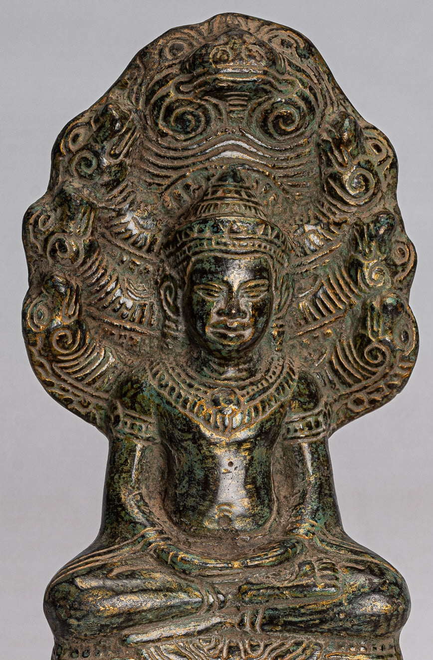 Buddha Statue - Antique Bayon Style Khmer Seated Bronze Naga Meditation Buddha - 21cm/8"