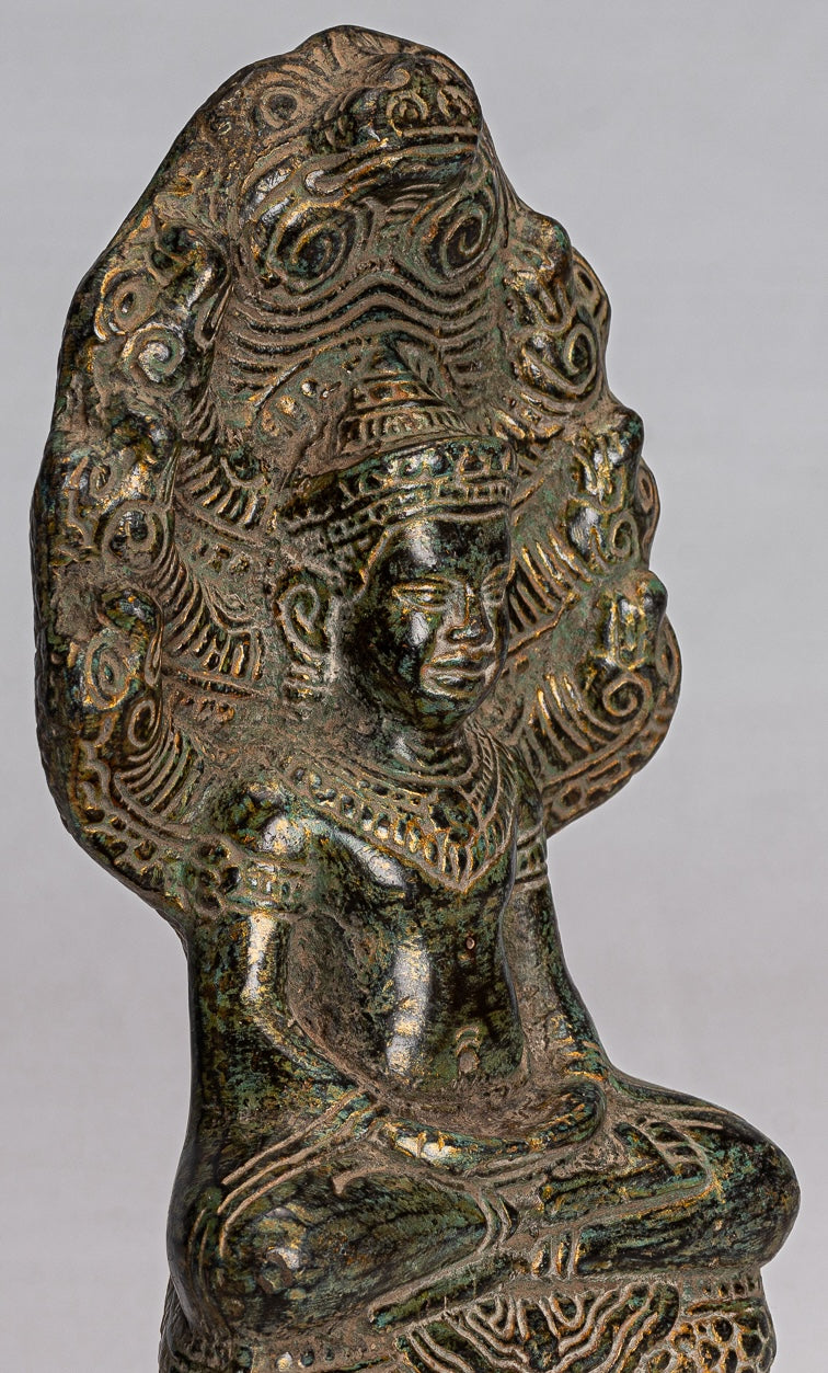 Buddha Statue - Antique Bayon Style Khmer Seated Bronze Naga Meditation Buddha - 21cm/8"