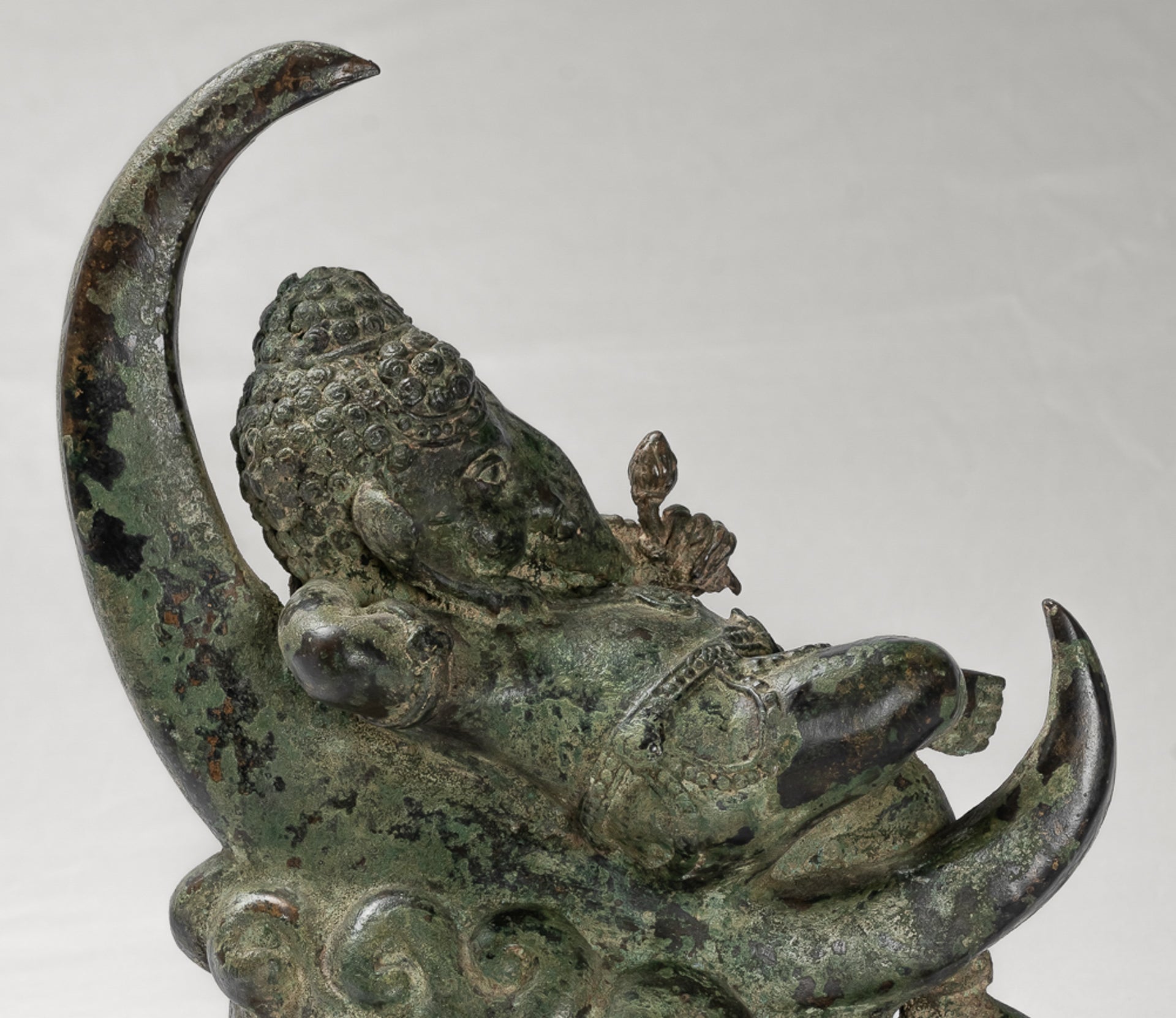 Ganesha Statue - Antique Thai Style Bronze Reclining Ganesha Statue on Moon - 31cm/12"