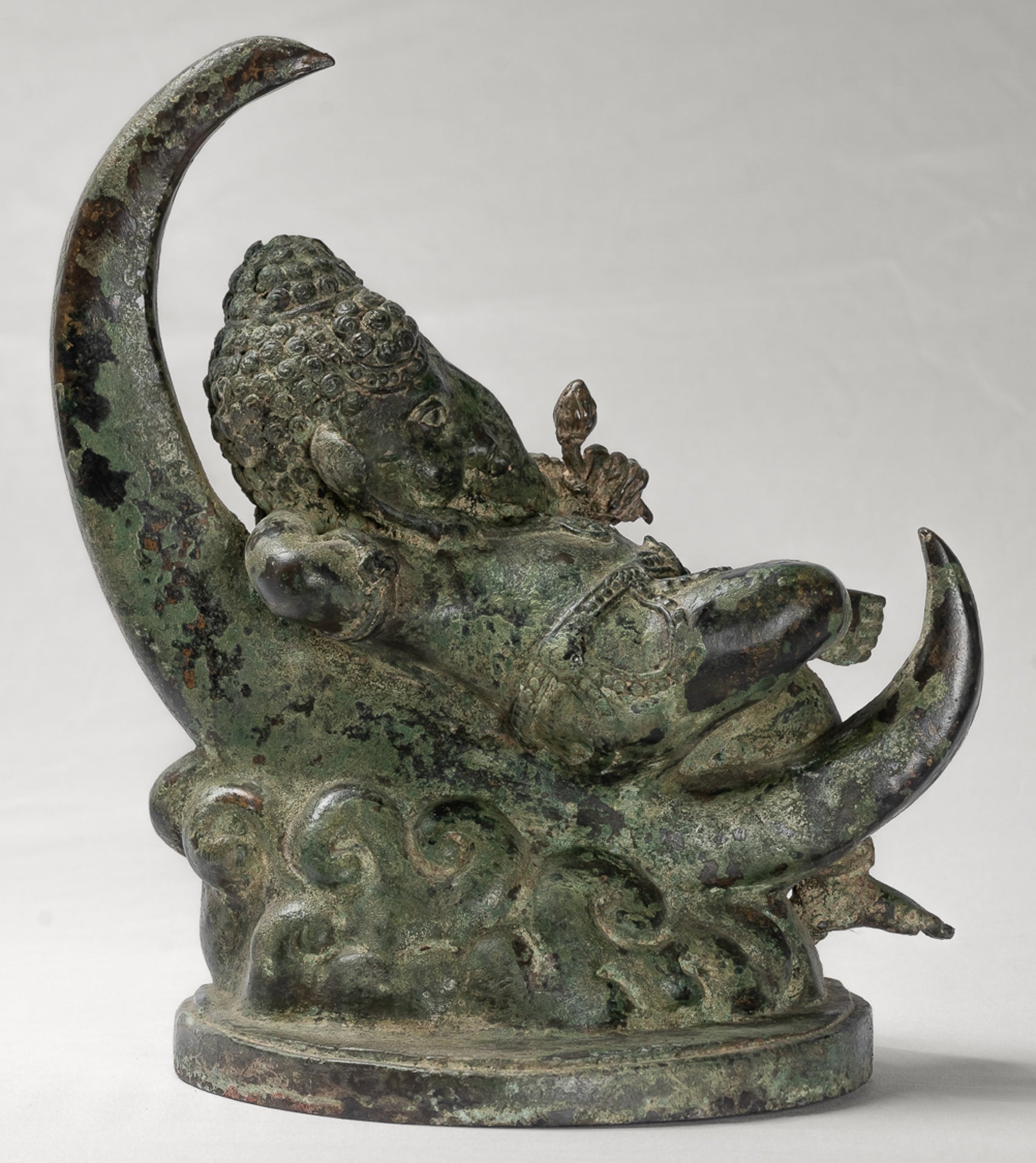 Ganesha Statue - Antique Thai Style Bronze Reclining Ganesha Statue on Moon - 31cm/12"