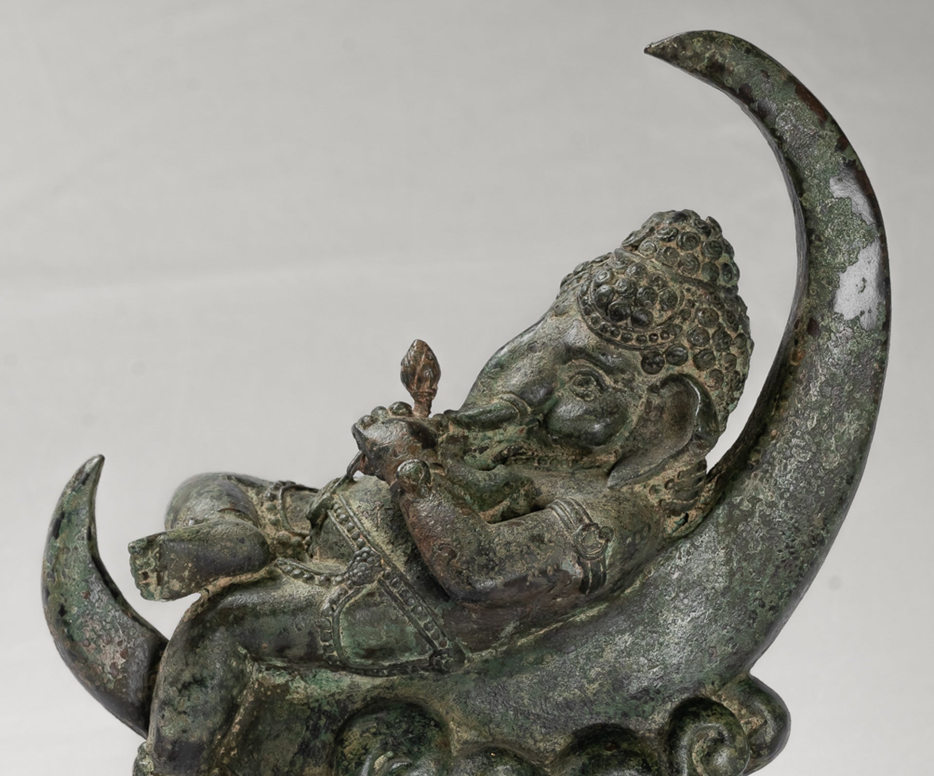 Ganesha Statue - Antique Thai Style Bronze Reclining Ganesha Statue on Moon - 31cm/12"