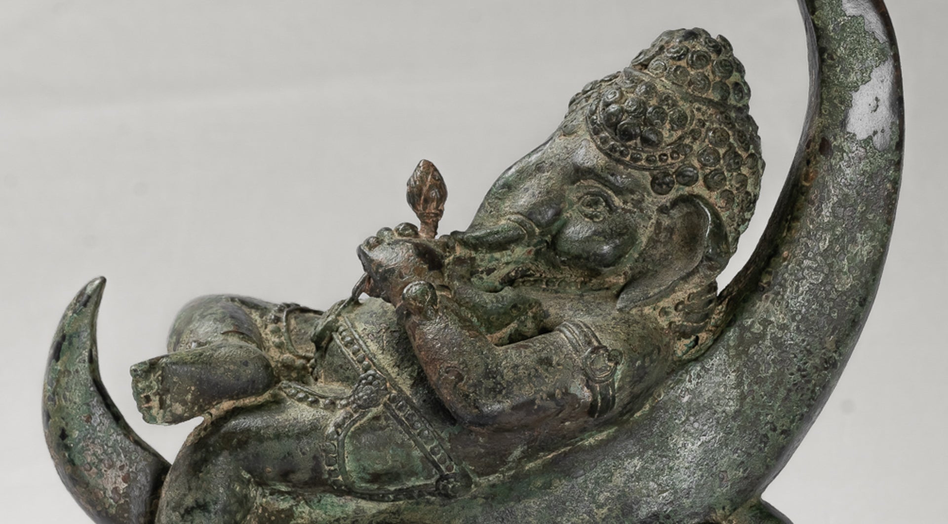 Ganesha Statue - Antique Thai Style Bronze Reclining Ganesha Statue on Moon - 31cm/12"