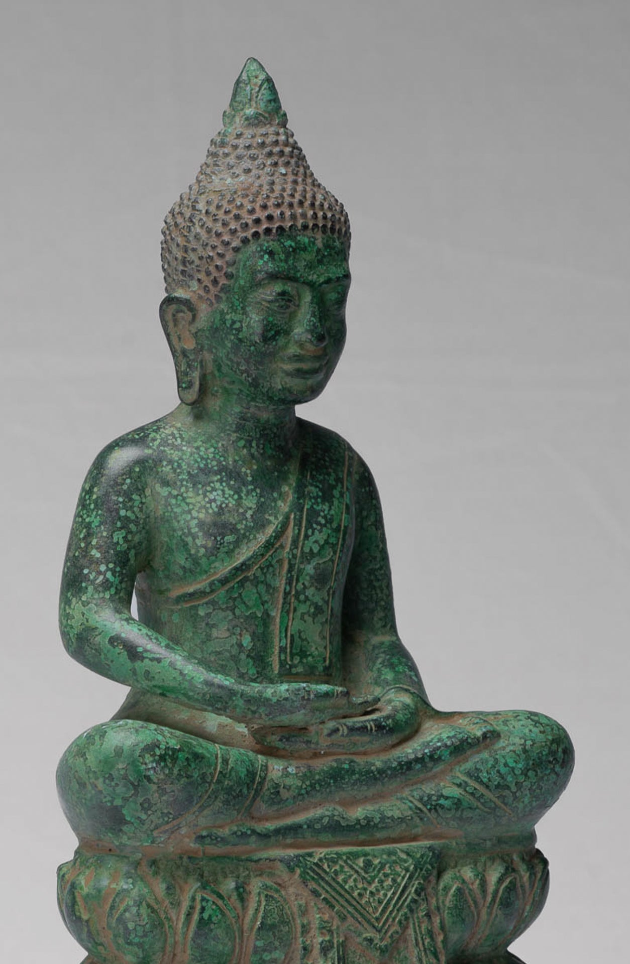 Buddha - Antique Khmer Style Bronze Enthroned Meditation Buddha Statue - 31cm/12"