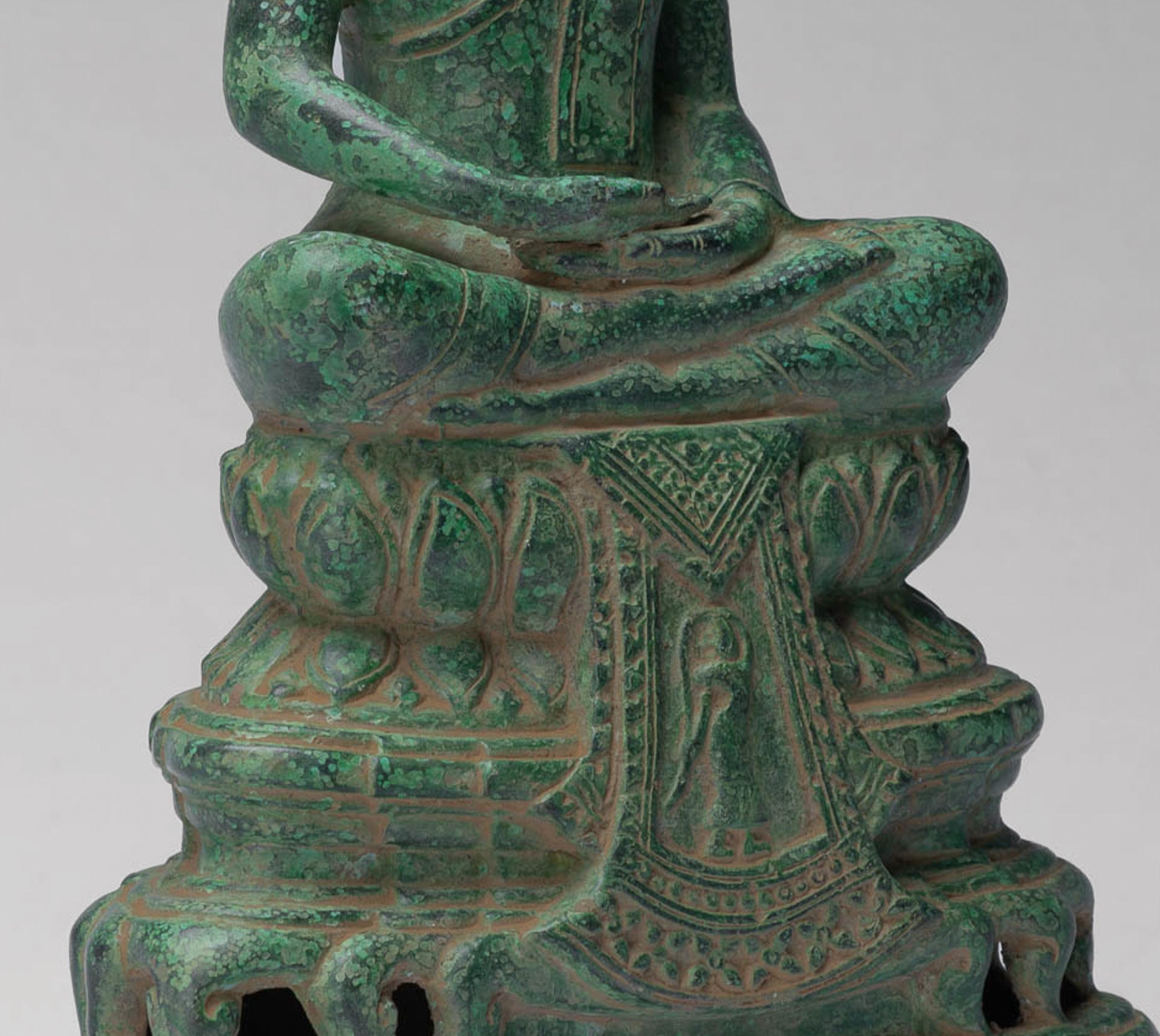 Buddha - Antique Khmer Style Bronze Enthroned Meditation Buddha Statue - 31cm/12"