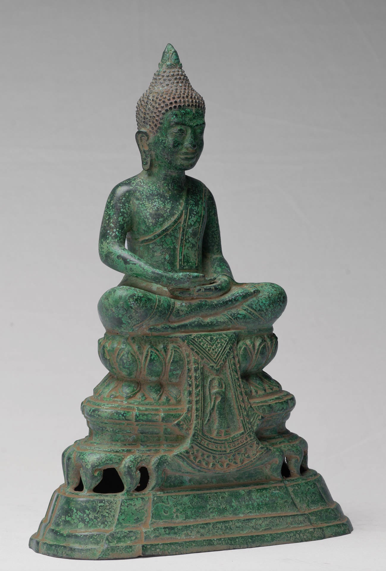 Buddha - Antique Khmer Style Bronze Enthroned Meditation Buddha Statue - 31cm/12"