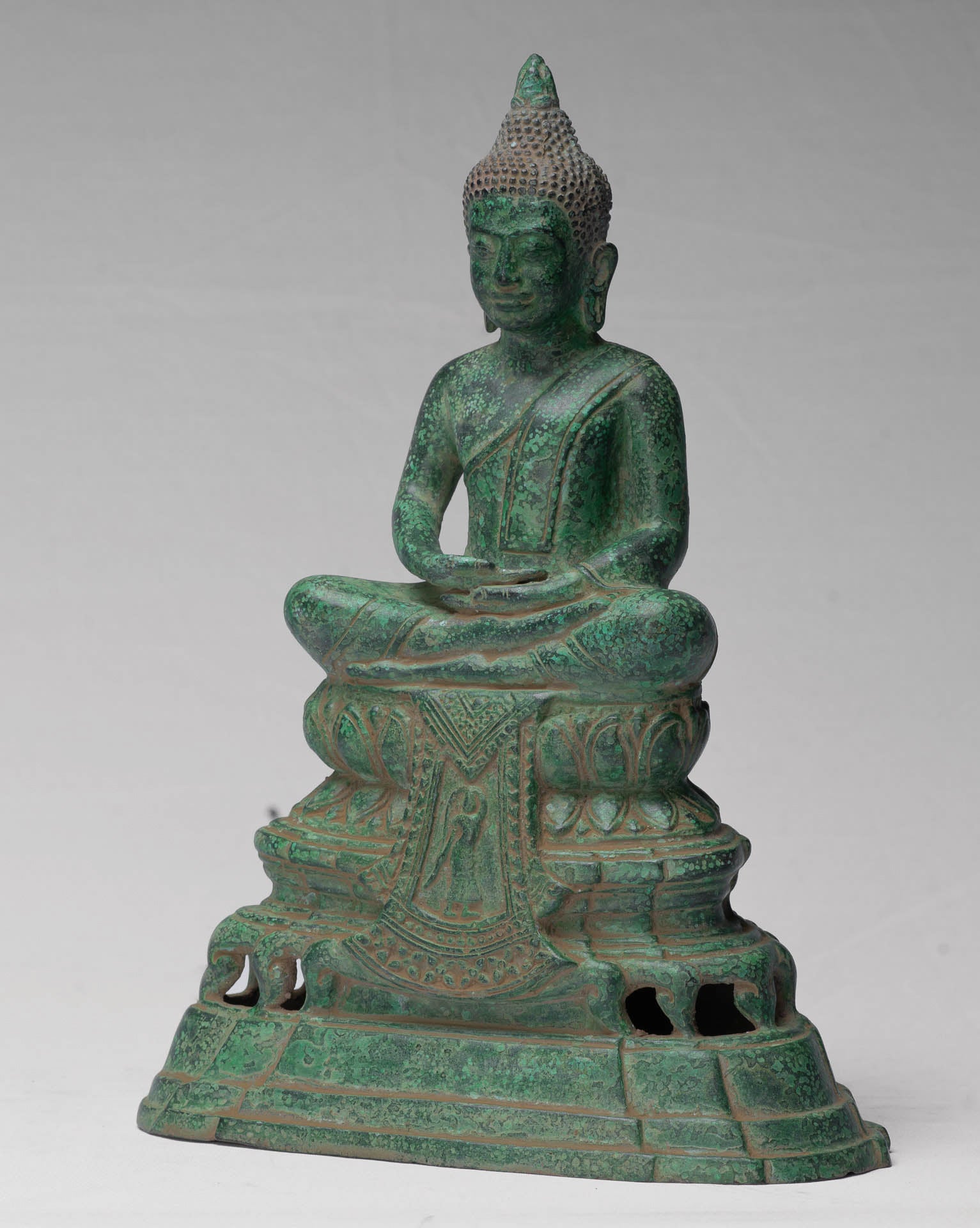 Buddha - Antique Khmer Style Bronze Enthroned Meditation Buddha Statue - 31cm/12"