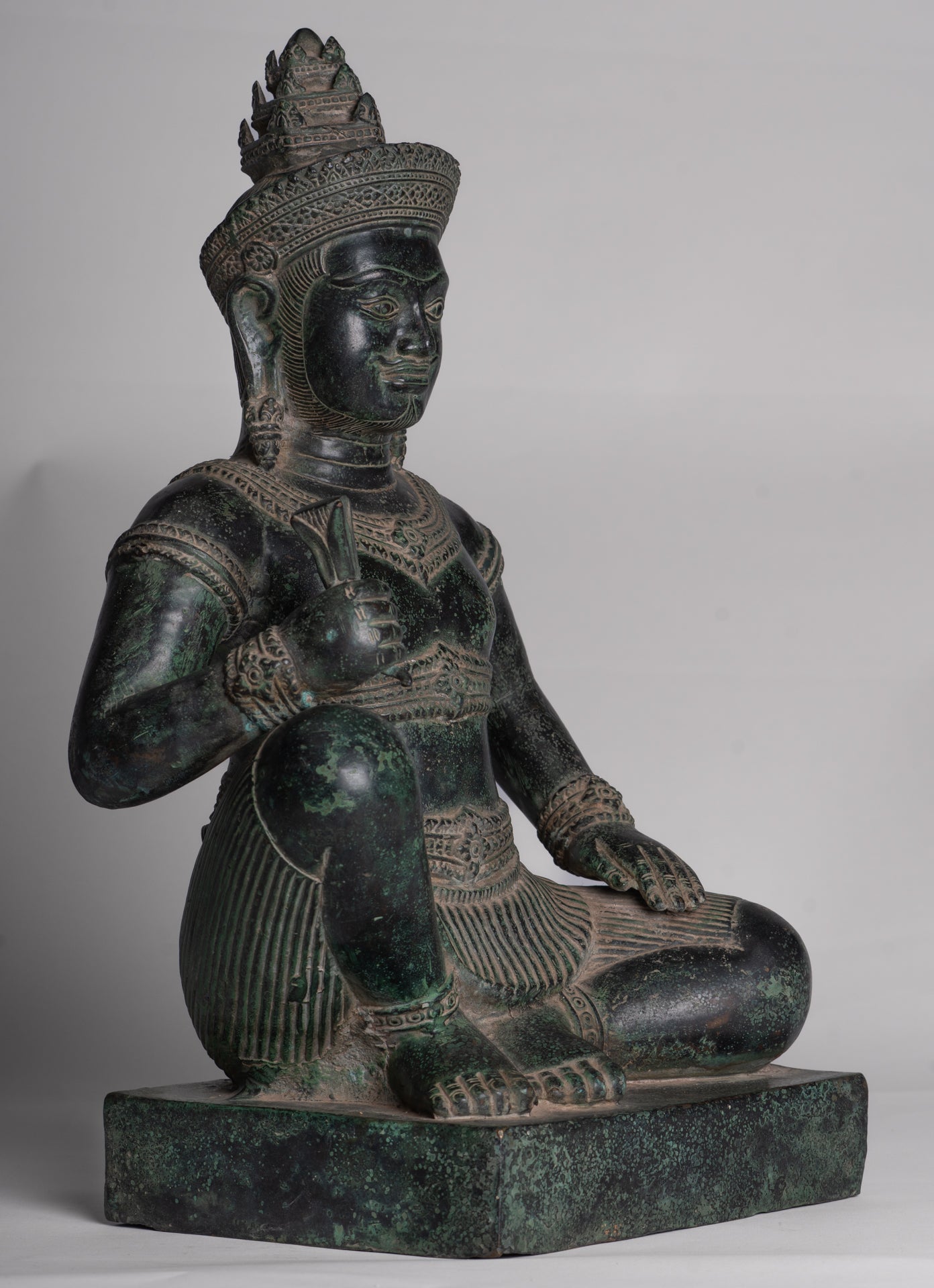Vishvakarman Statue - Antique Khmer Style Bayon Seated Bronze Vishvakarman Statue - 41cm/16"