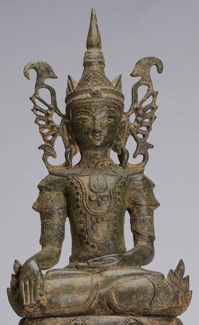 ANTIGUO BURMESE BURMEE Bronze Shan Ilustración Sentada por el trono de elefante de la estatua de Buda - 61 cm/24 "