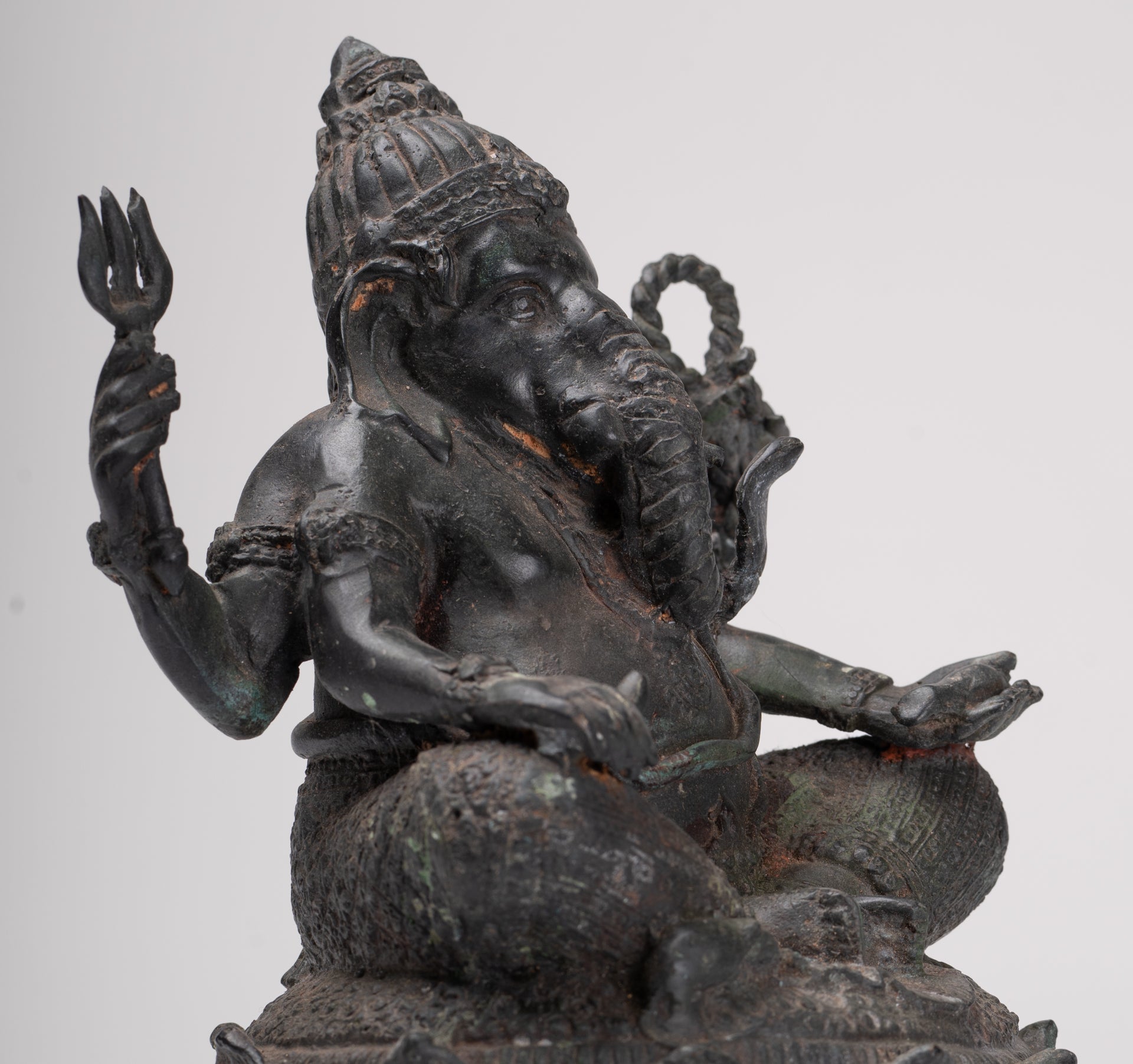 Ganesha Statue - Antique Thai Style Bronze Seated 4-Arm Ganesha Statue - 21cm/8"