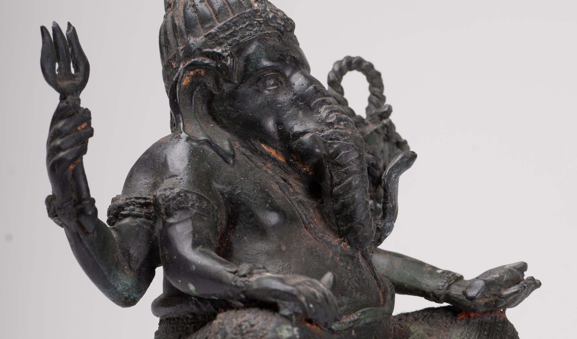 Ganesha Statue - Antique Thai Style Bronze Seated 4-Arm Ganesha Statue - 21cm/8"